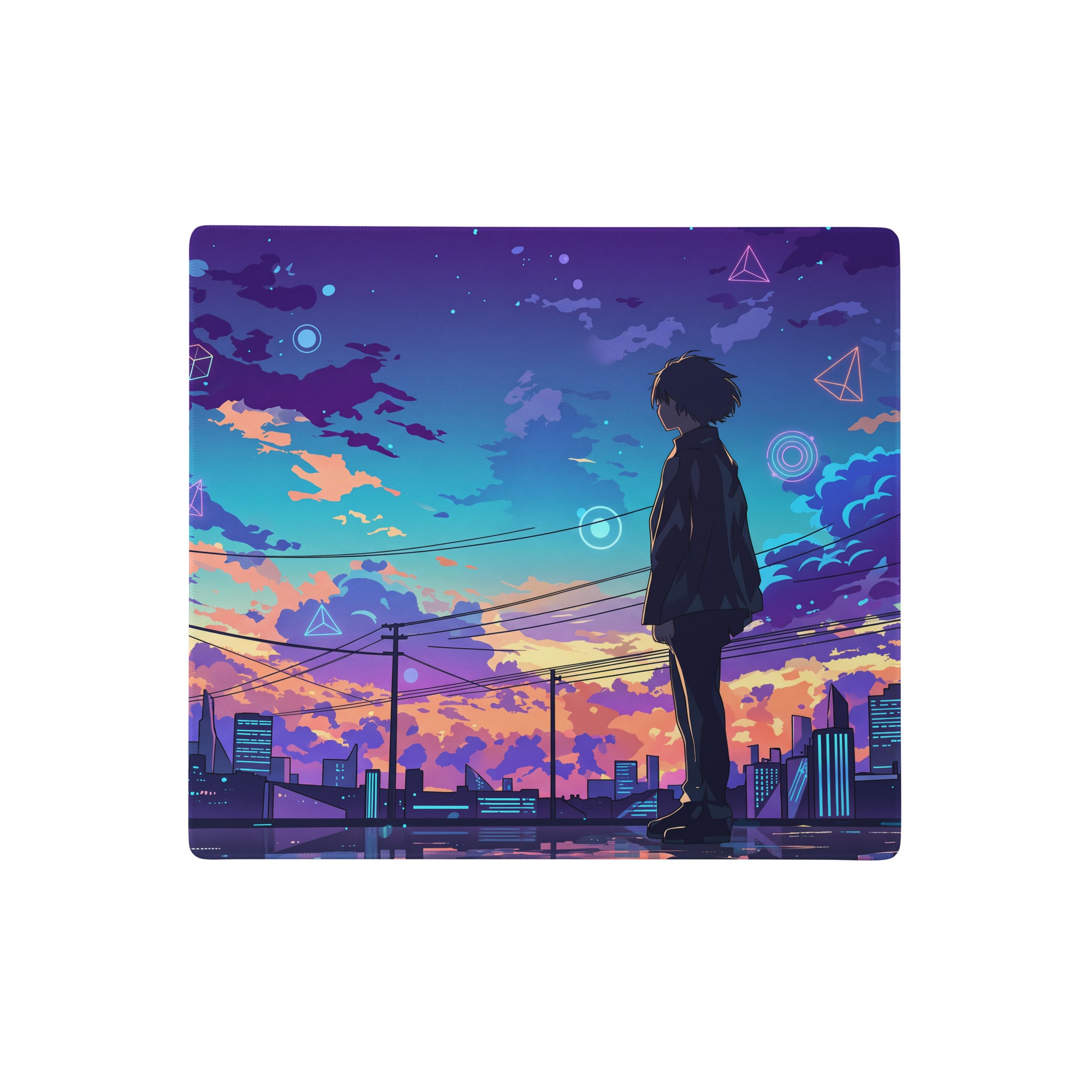 Vaporwave cityscape gaming mousepad with a purple pink gradient featuring a rooftop figure and neon geometric shapes