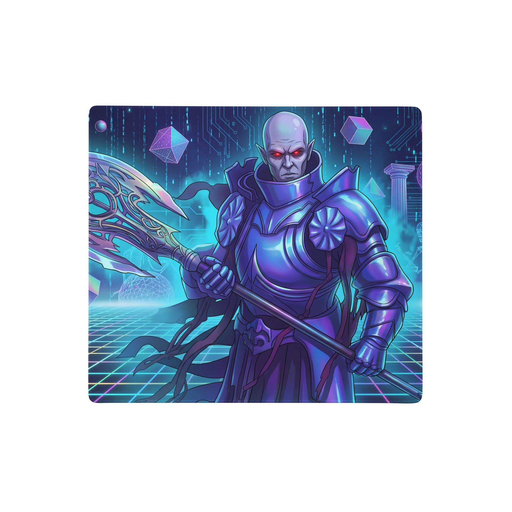 Purple armored warrior with glowing red eyes on a blue and purple vaporwave neon cyberpunk gaming mouse pad