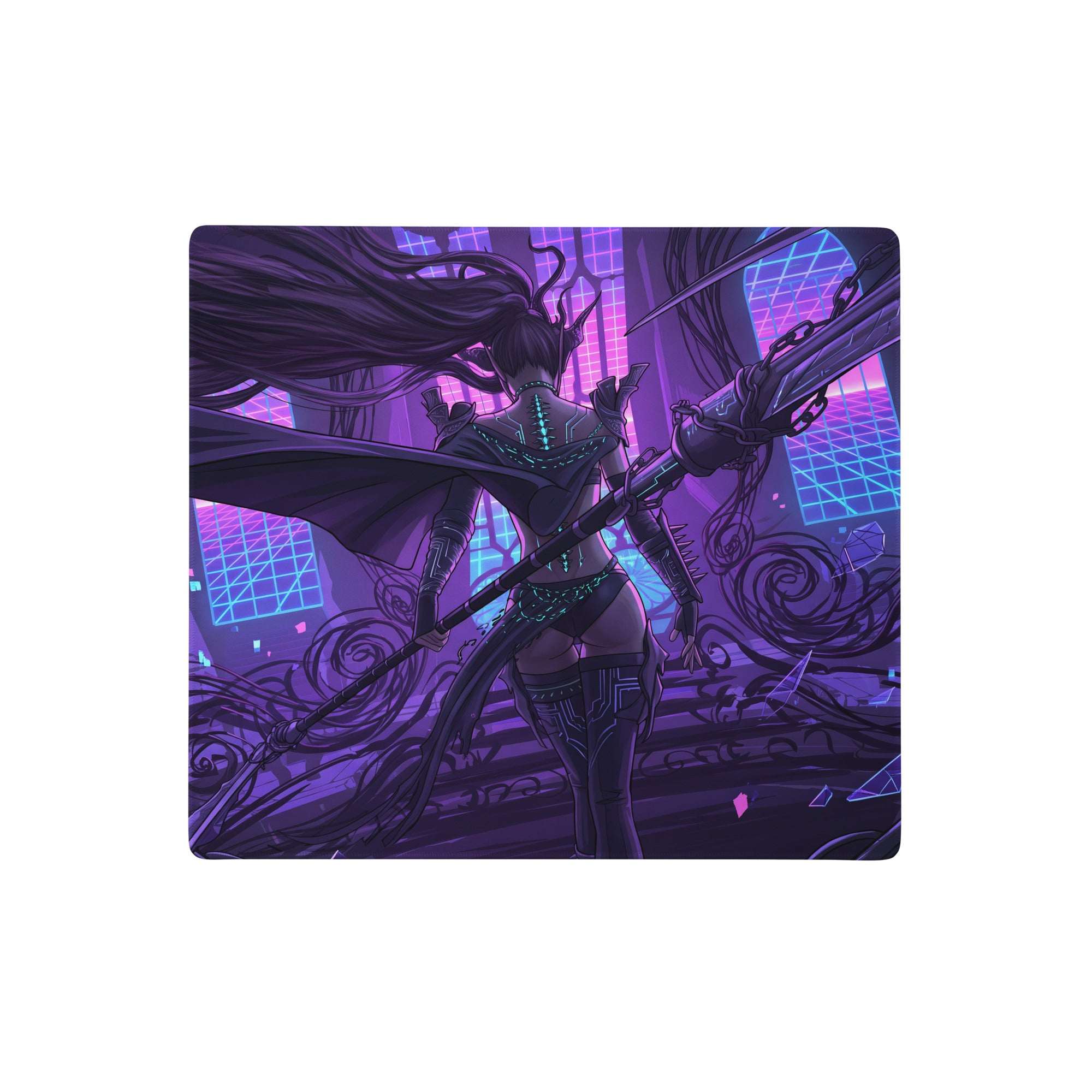 Vaporwave neon blade gaming mouse pad with purple and blue neon lights featuring a fantasy warrior with glowing green armor