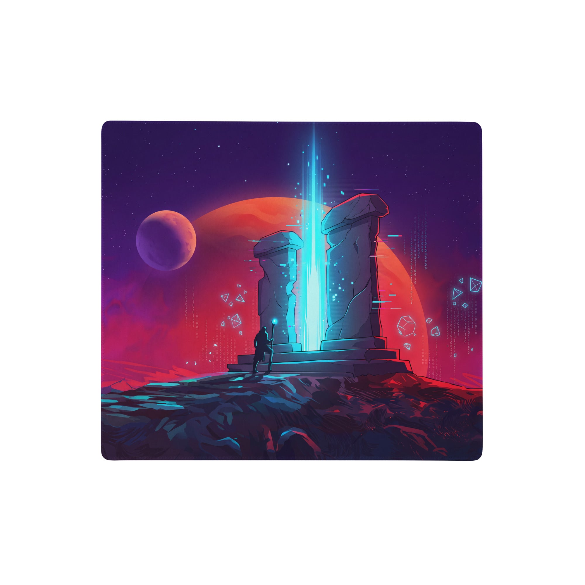 Navy blue rectangular vaporwave neon night mouse pad with glowing cyan stone pillars and red purple planets design