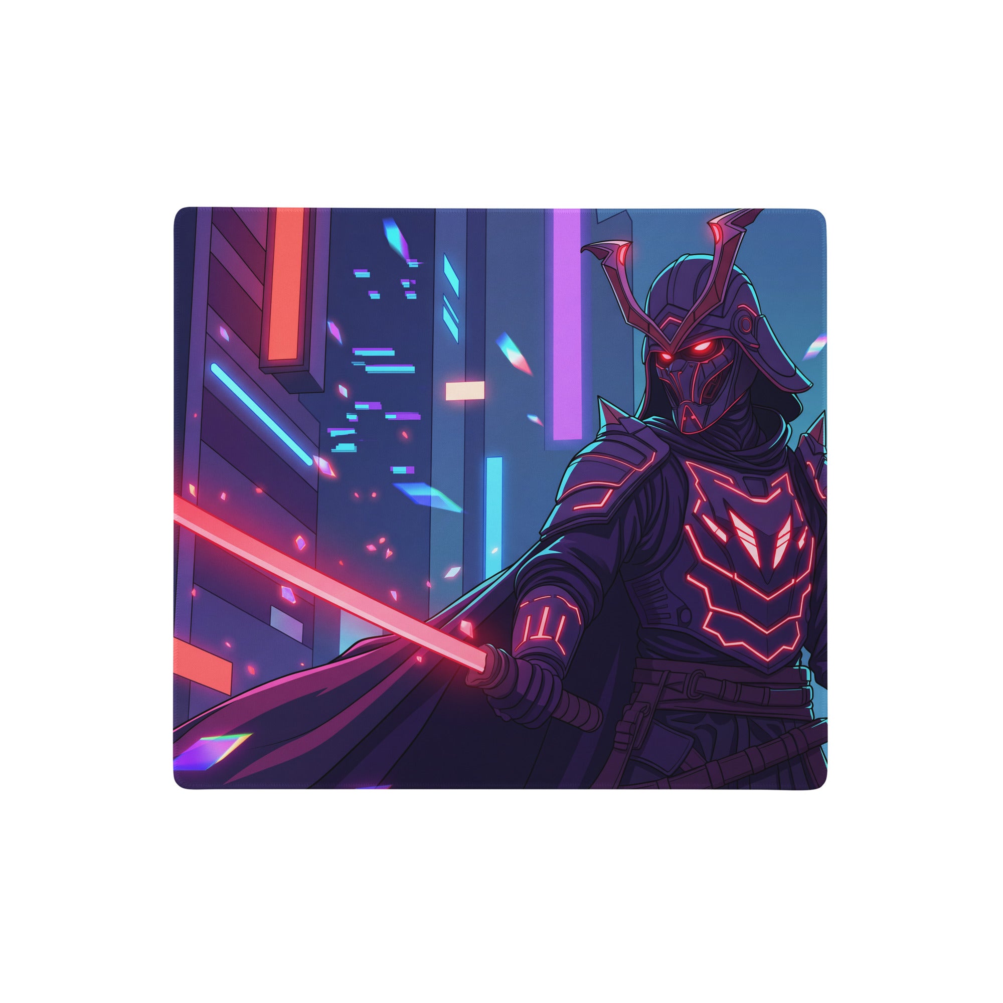 Vaporwave neon nexus mouse pad featuring a neon-lit samurai with glowing red eyes and pink lightsaber on cyberpunk cityscape