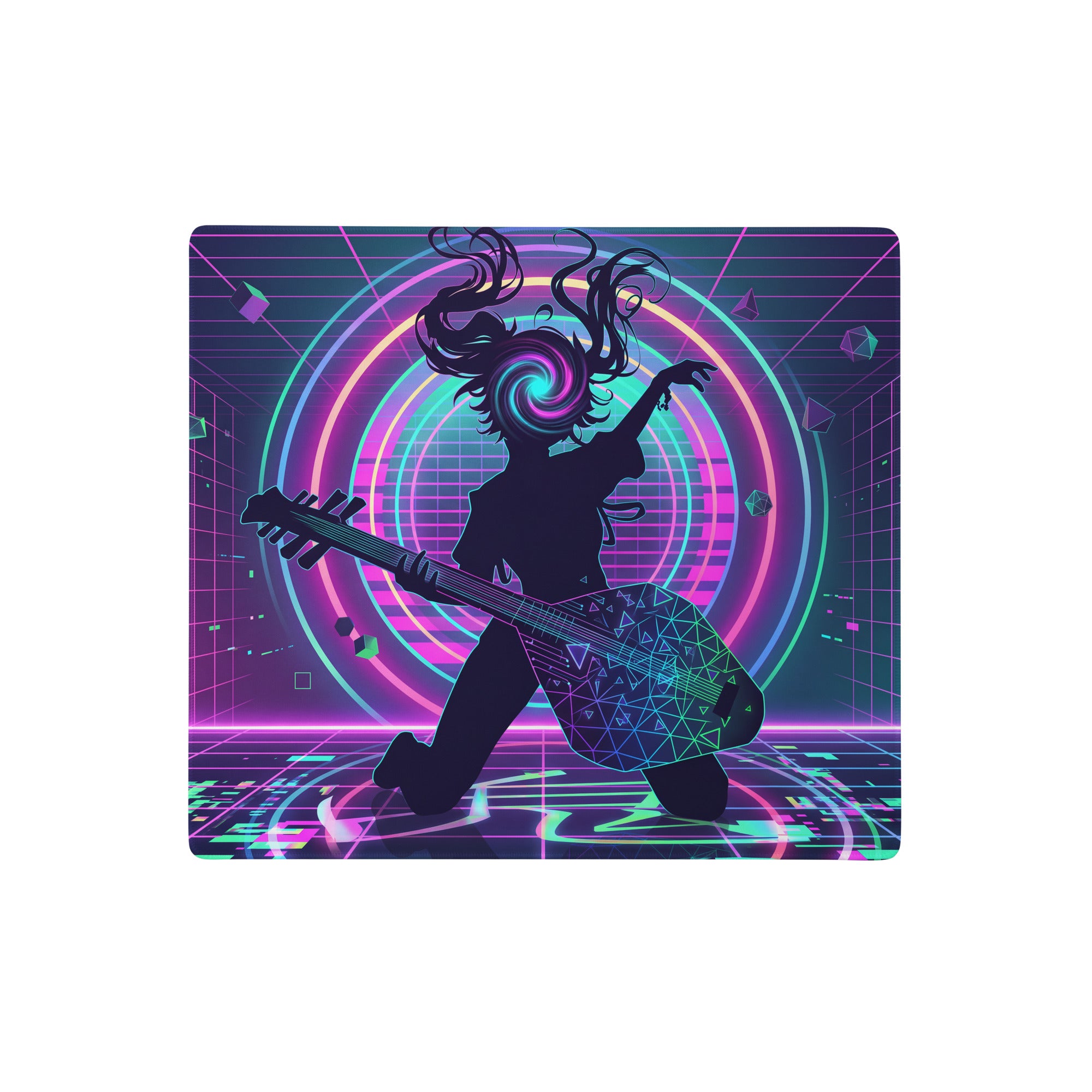 Neon pink and purple geometric gaming mousepad with stylized guitarist silhouette on retro-futuristic grid background