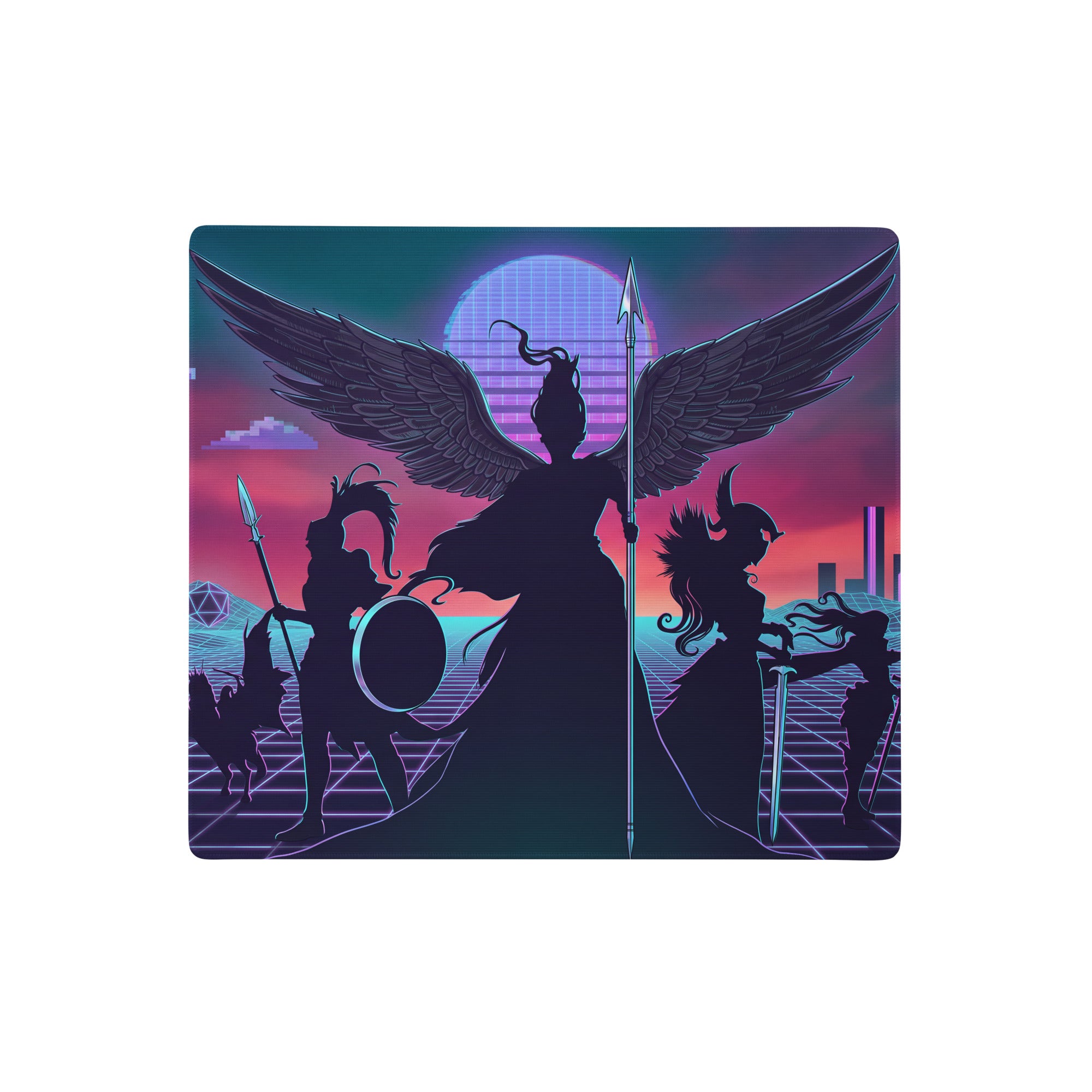Rectangular gaming mousepad with vaporwave wings neon purple and blue design featuring retro futuristic winged warriors