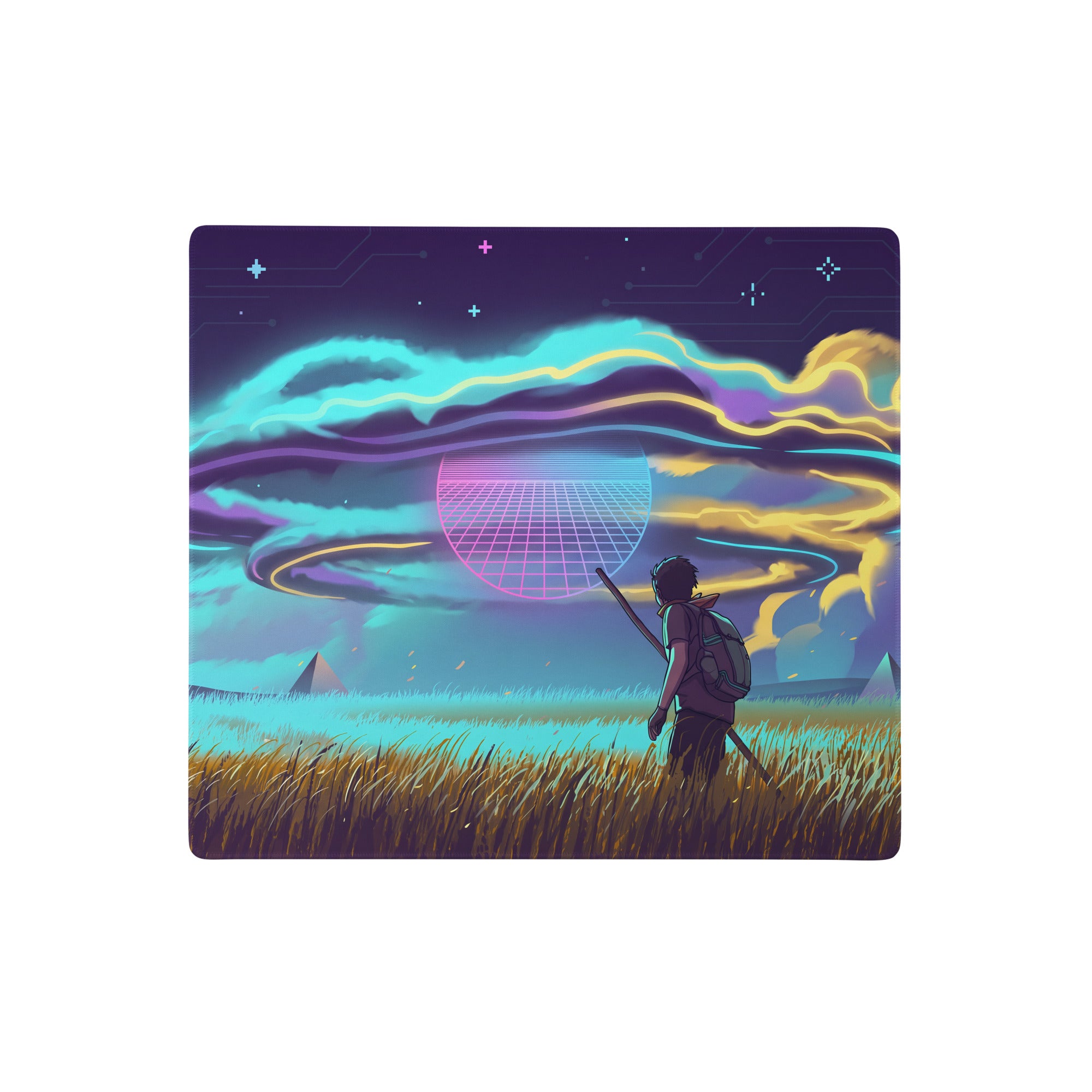 Vaporwave neon galaxy mouse pad with nostalgic neon digital art featuring a glowing grid sphere in purple cyan colors