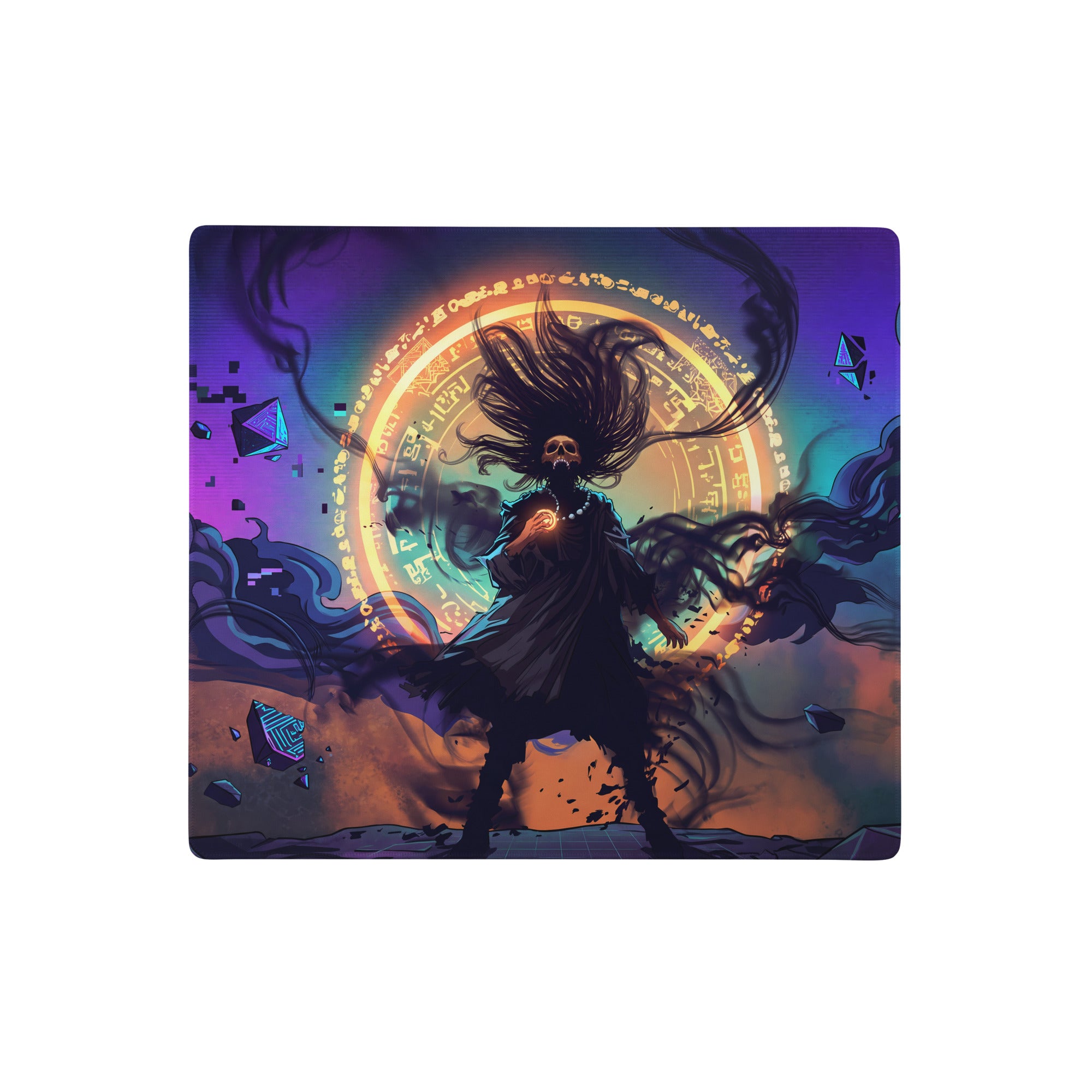 Vibrant vaporwave neon nightscape gaming mouse pad with dark-haired skull figure and ethereal circular portal design