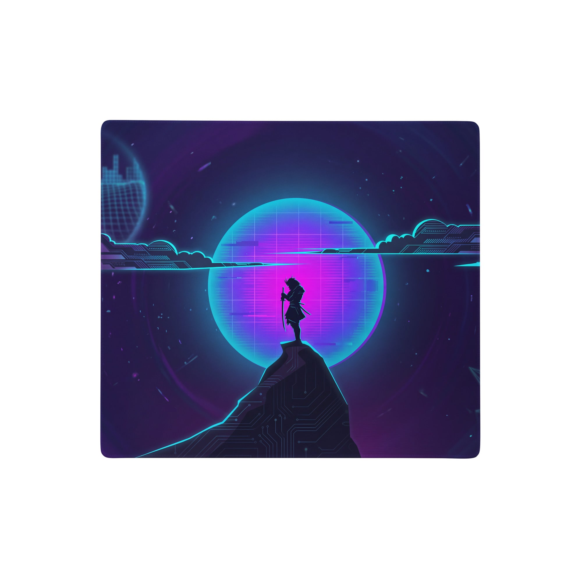Nebula-themed vaporwave neon gaming mouse pad with glowing purple cyan design and circuit board rock surface silhouette