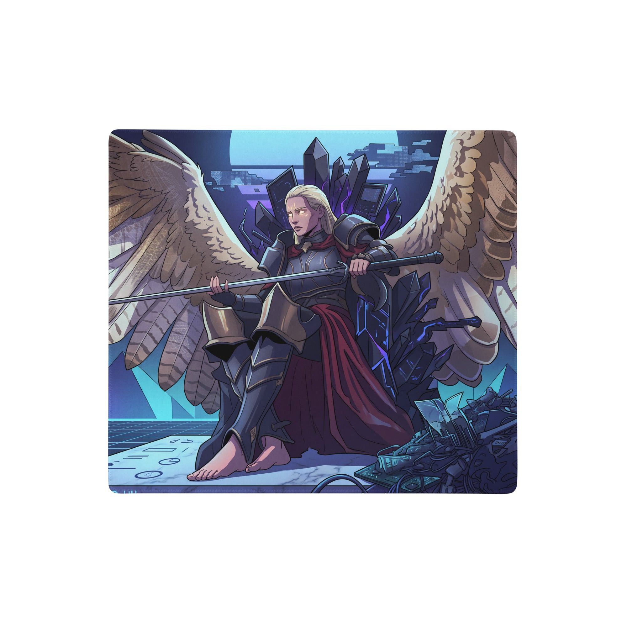 Square gaming mousepad with dark metallic angelic warrior, red cape, crystal throne wings, vaporwave purple blue pink design