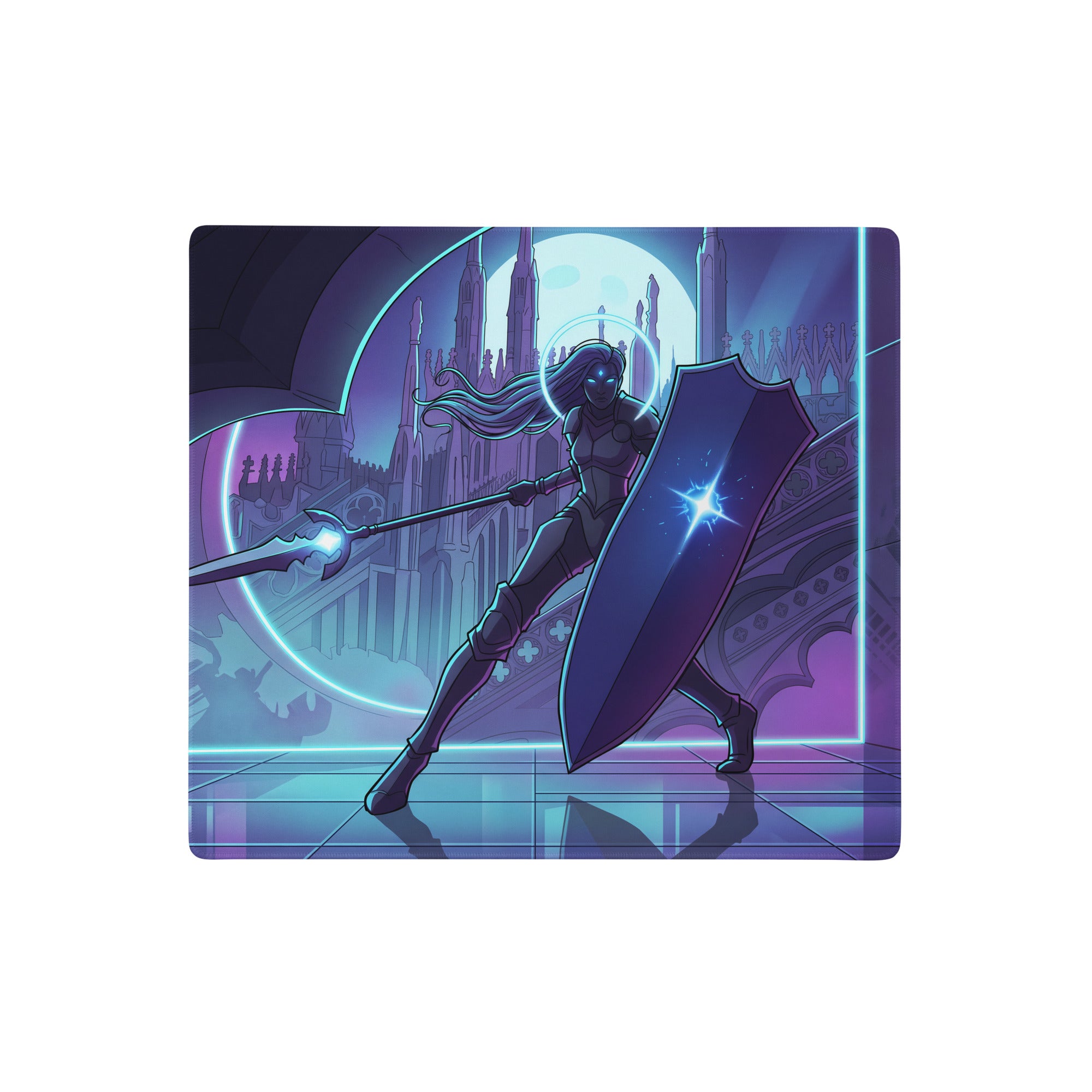 Neon knight vaporwave mouse pad with purple and blue neon lighting featuring a dark-armored female knight for gaming