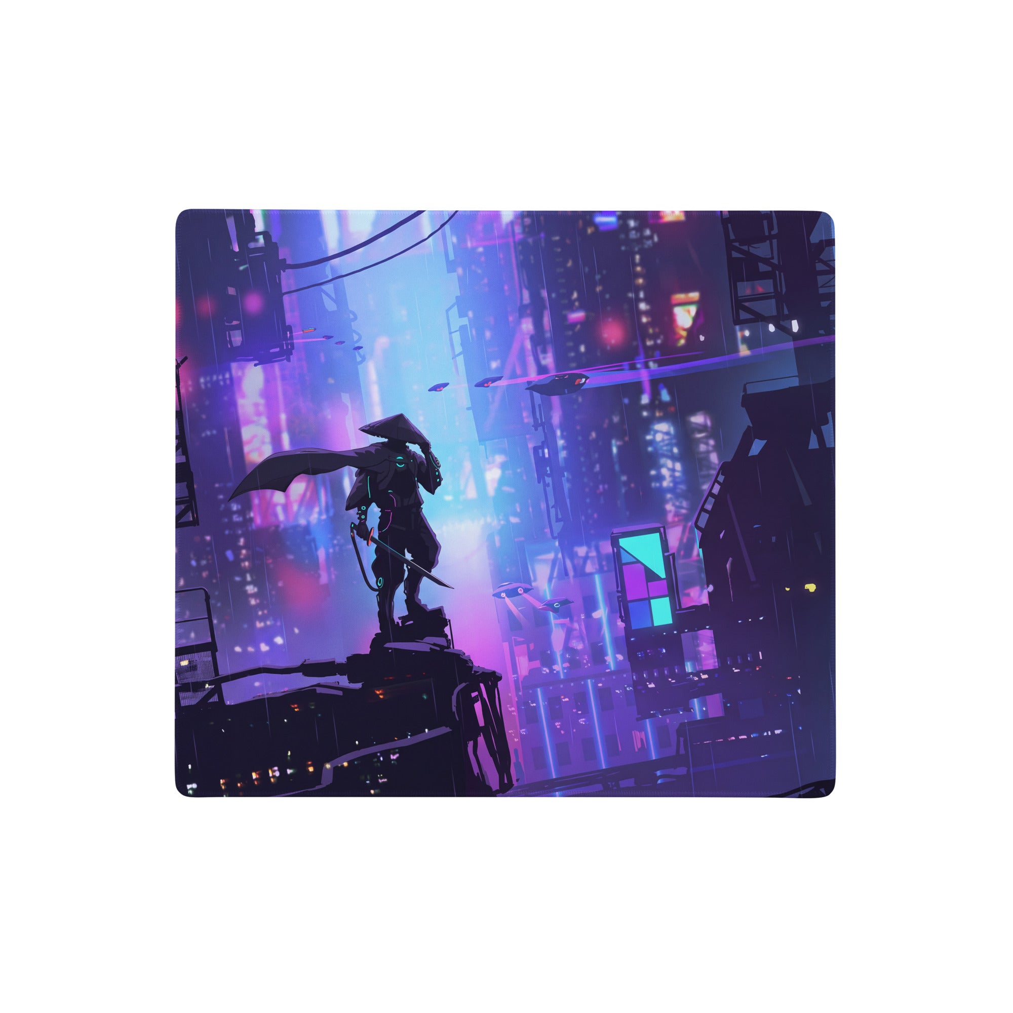 Nebula-themed vaporwave neon city mouse pad featuring a futuristic warrior silhouette with purple and blue neon colors