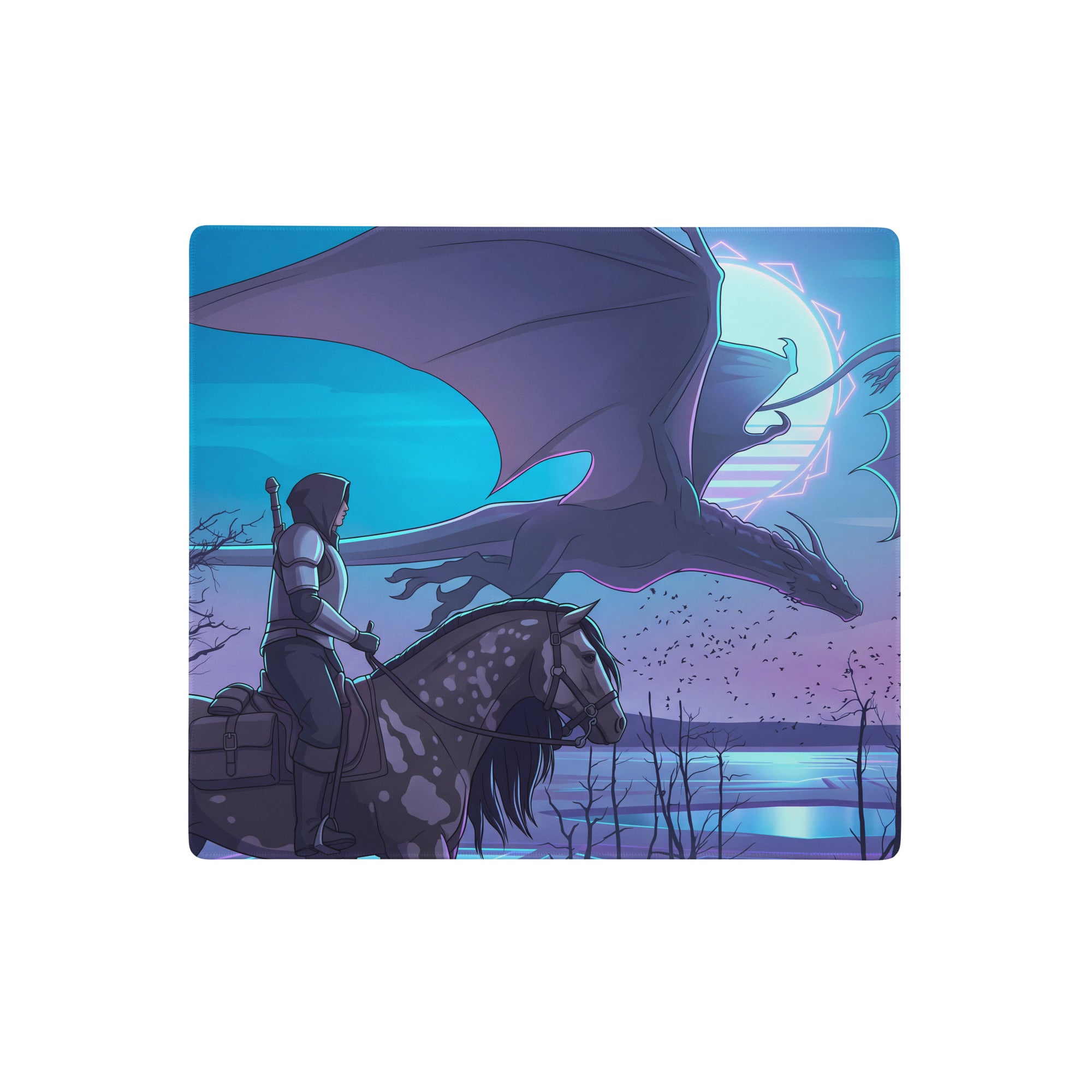 A square gaming mousepad with a vibrant neon blue and pink vaporwave dragon rider illustration under a moonlit sky