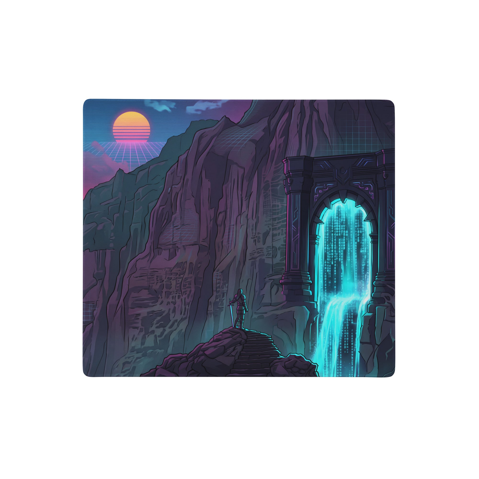 Neon mountain portal gaming mouse pad with retro-futuristic glowing blue digital rain and sunset purple orange hues