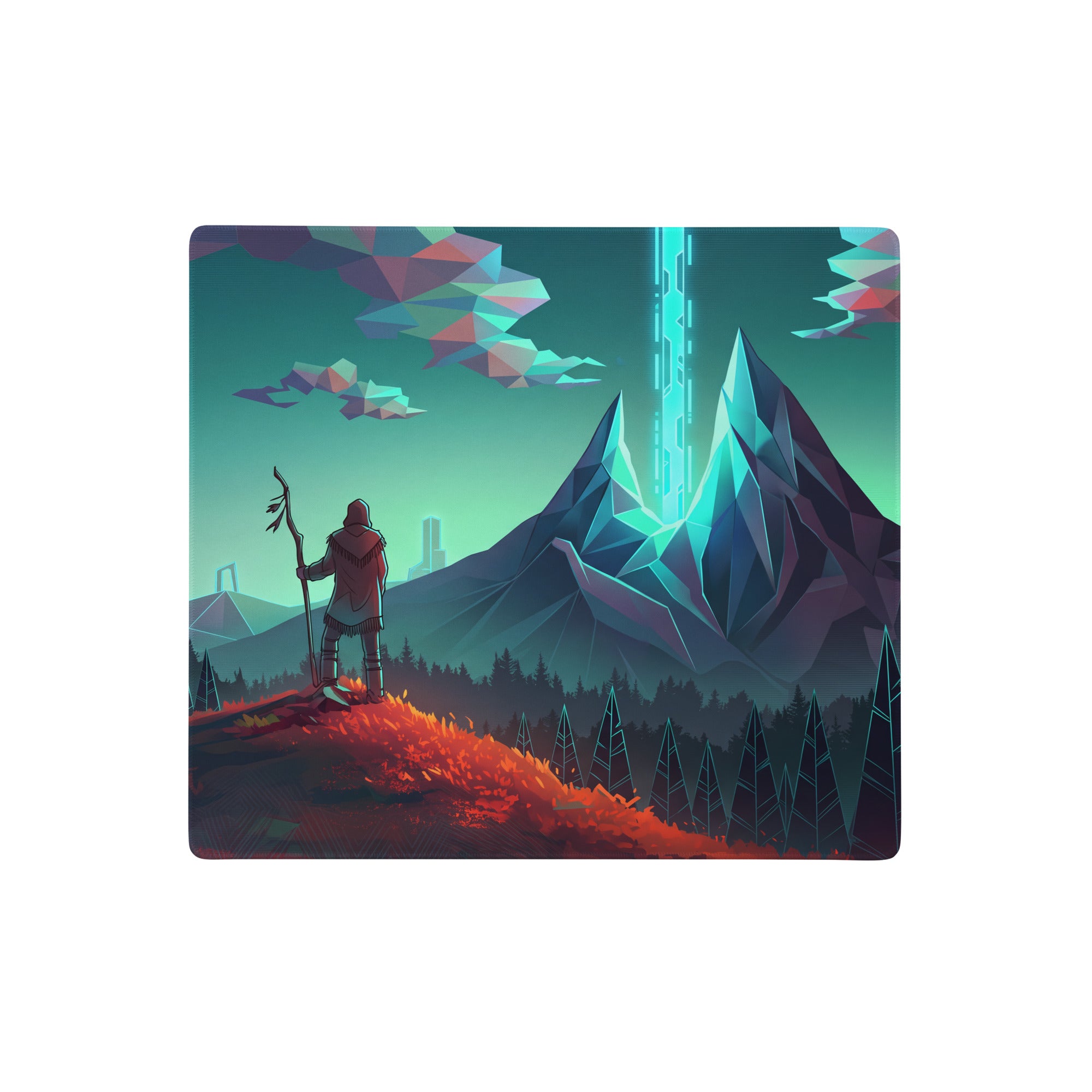 Rectangular vaporwave mountain neon mouse pad with teal and pink art of figure on fiery hill and crystalline mountains