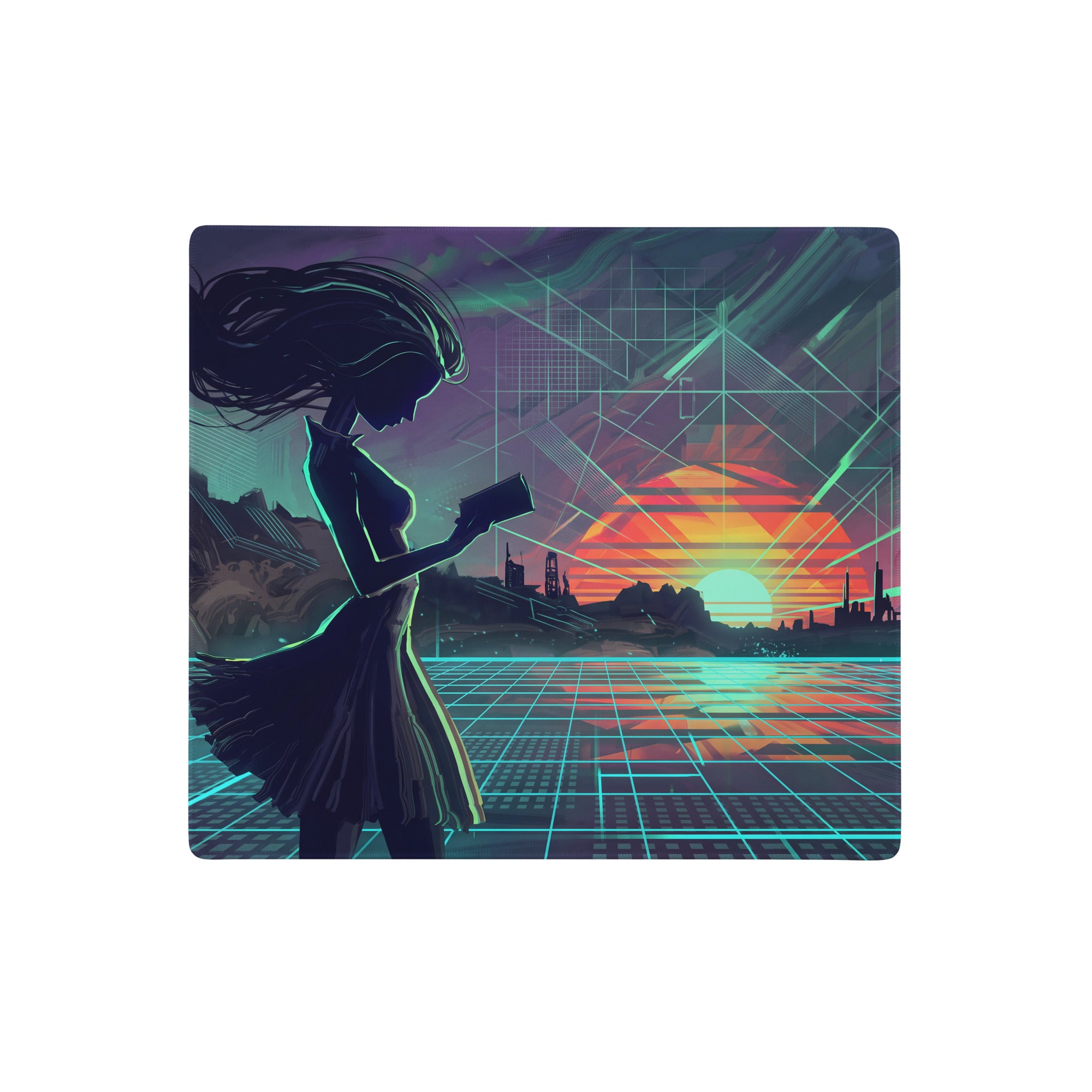 Vaporwave neon desk mouse pad with a silhouette of a woman against orange and teal sunset over a grid cityscape