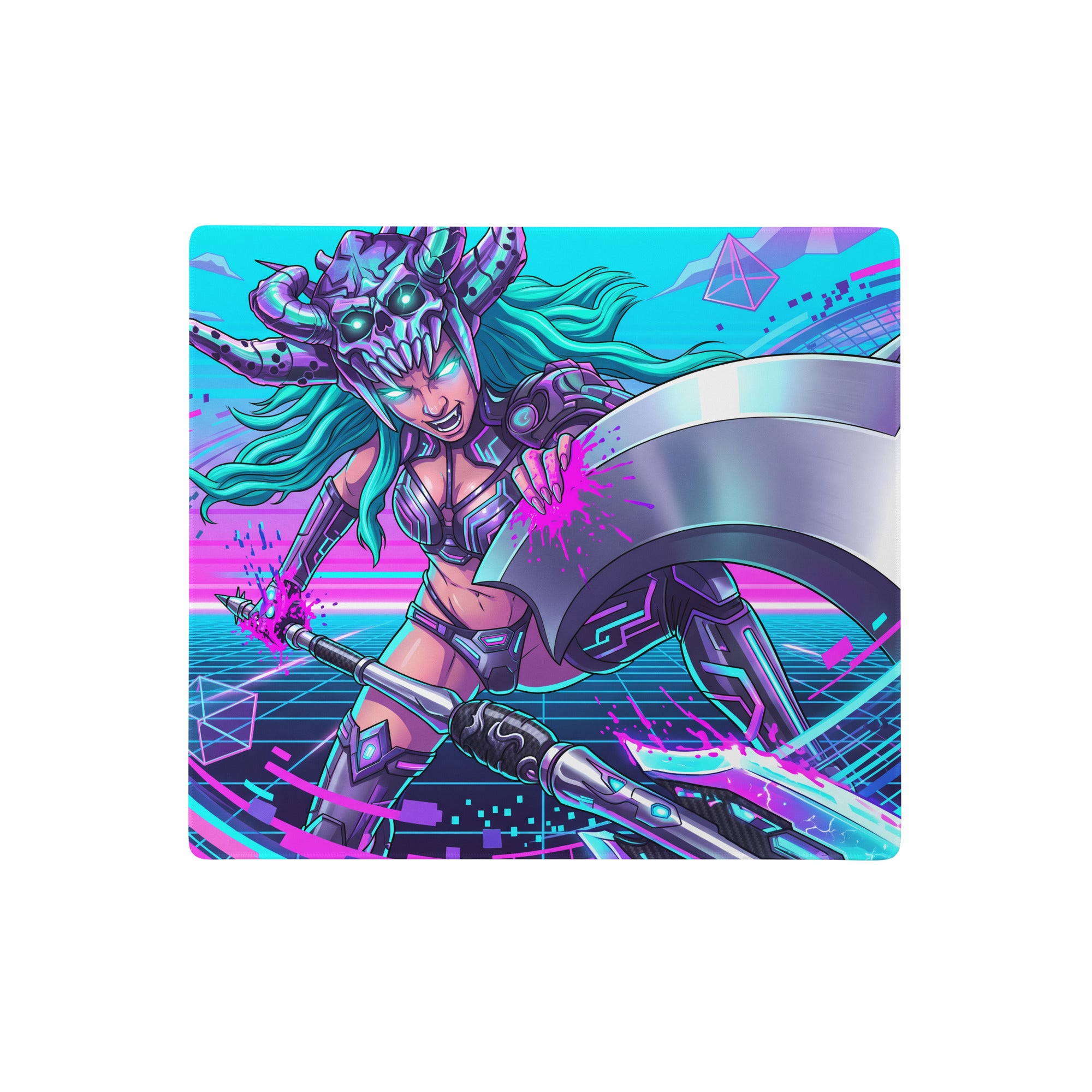 Vaporwave neon warrior gaming mousepad with vibrant neon pink and cyan cyberpunk warrior design and glowing eyes