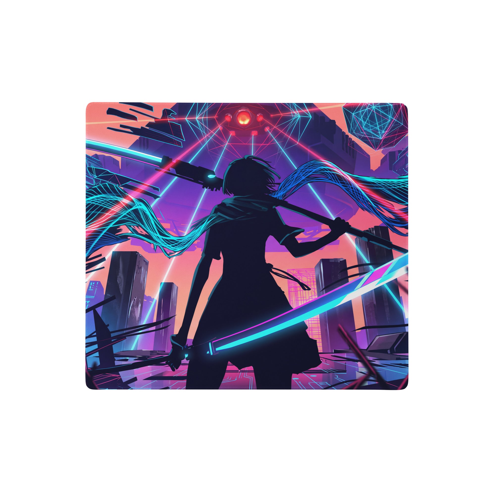 Vaporwave neon city gaming pad mousepad with neon pink blue purple cyberpunk warrior silhouette and futuristic cityscape