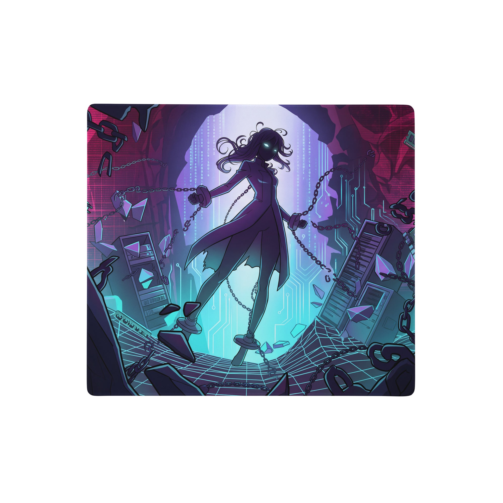 Rectangular neon vaporwave mouse pad with vibrant purple pink blue circuitry and stylized figure for gaming use