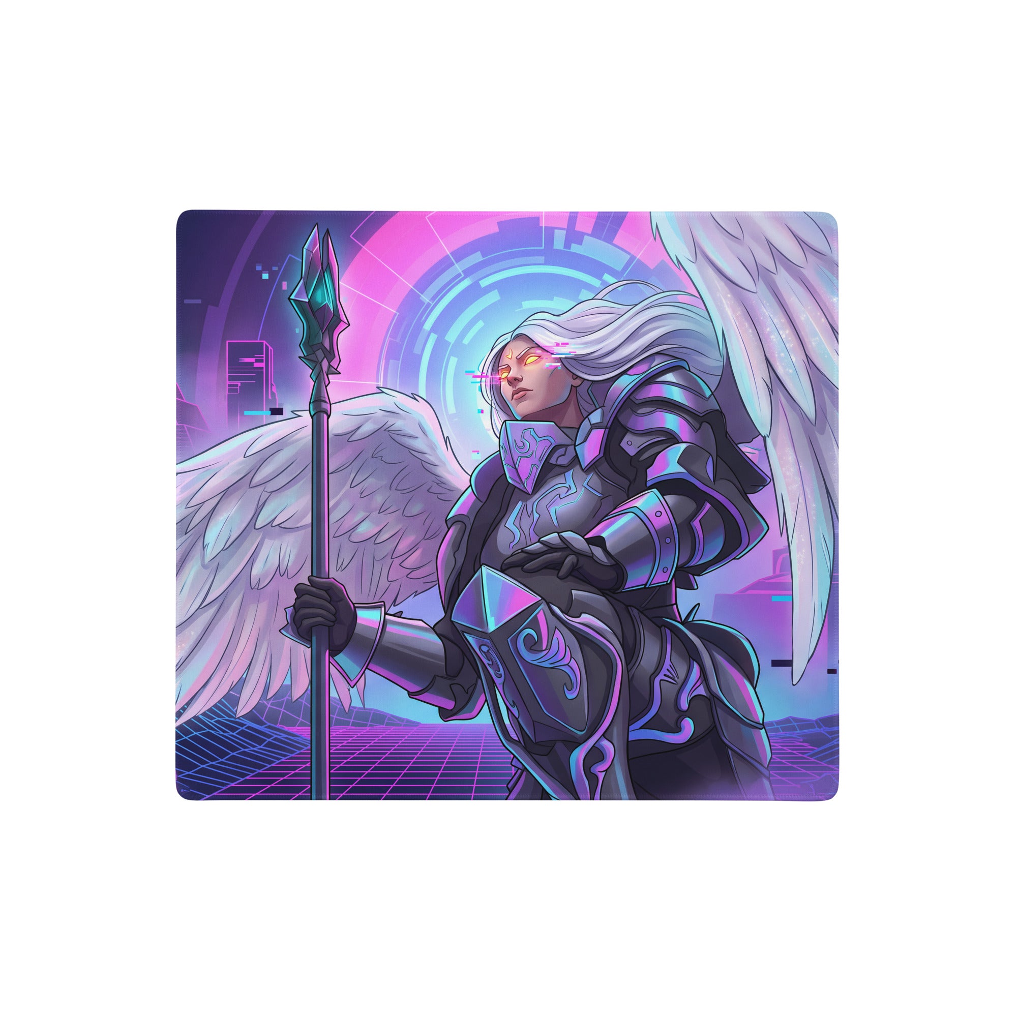 Nebula-themed vaporwave neon winged warrior gaming mousepad with stylized cyberpunk angel and vibrant purple teal design