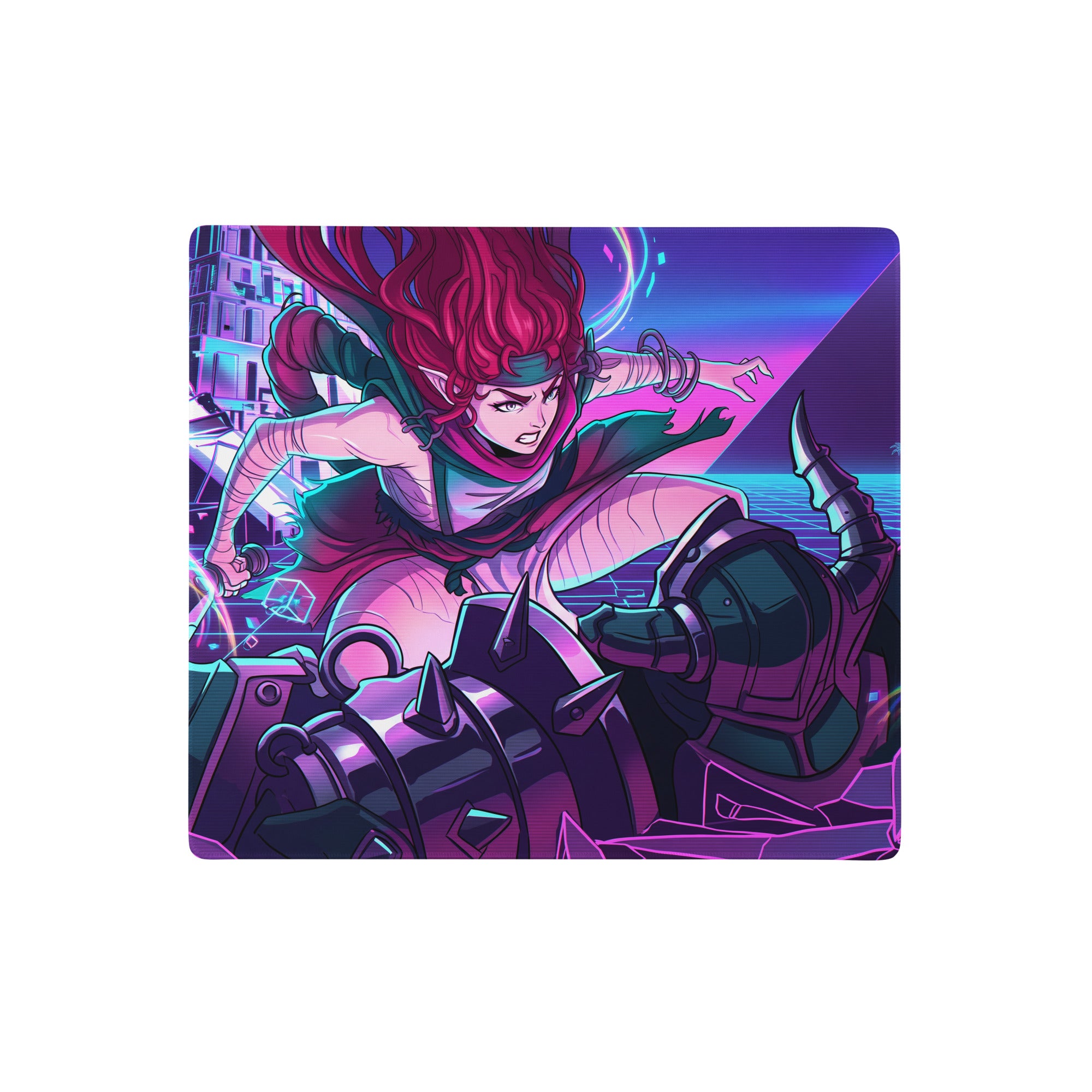 Neon vaporwave gaming mouse pad with vibrant pink and purple colors featuring dynamic fantasy character art