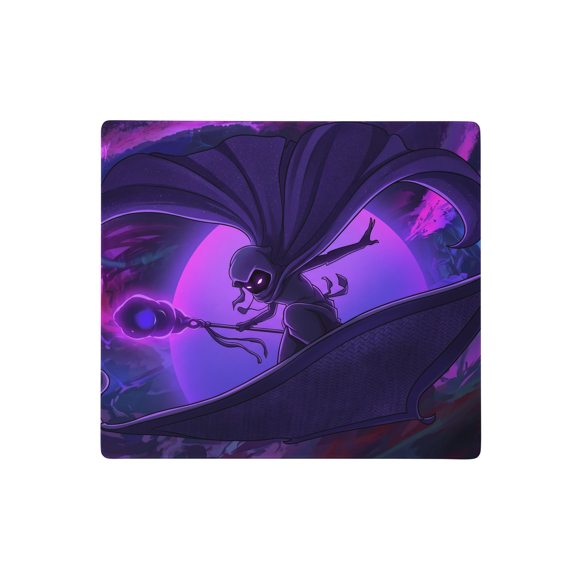 Purple and black vaporwave neon anime mouse pad with glowing eyes character riding winged creature cosmic design