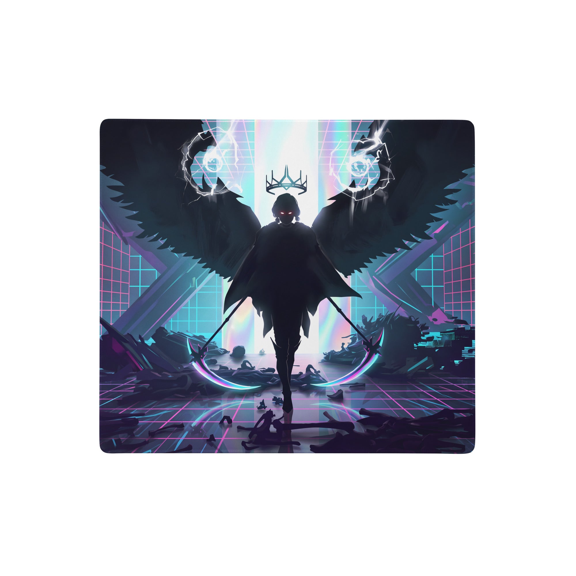 Neon vaporwave winged pad gaming mousepad with nebula theme featuring dark angel silhouette and glowing wings in pink purple blue