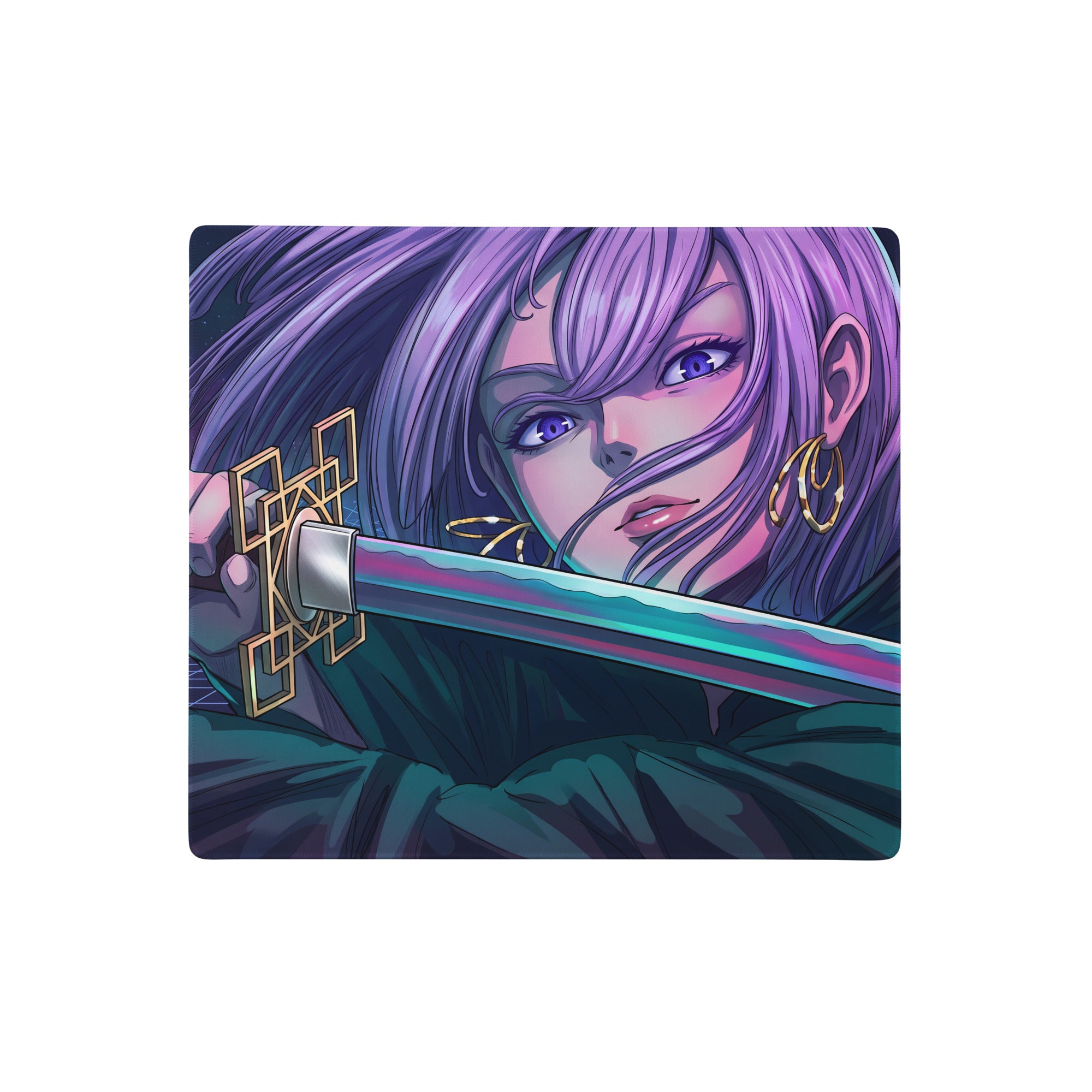 Purple-haired anime character with blue eyes holding a sword on a vaporwave neon night rectangular mouse pad