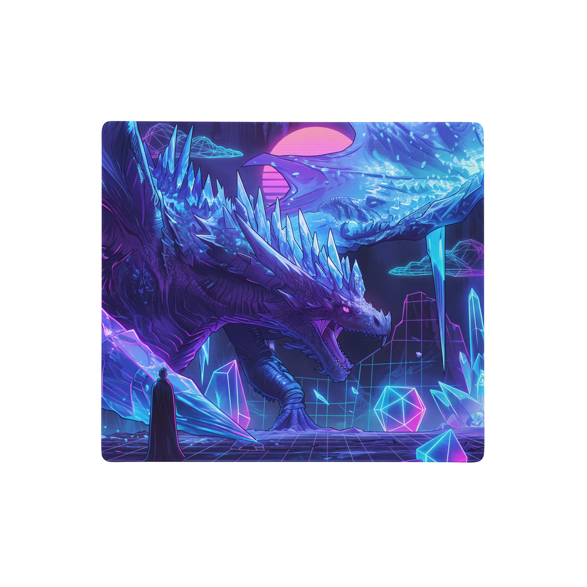A rectangular gaming mousepad featuring a neon dragon vaporwave design with glowing blue pink and purple hues