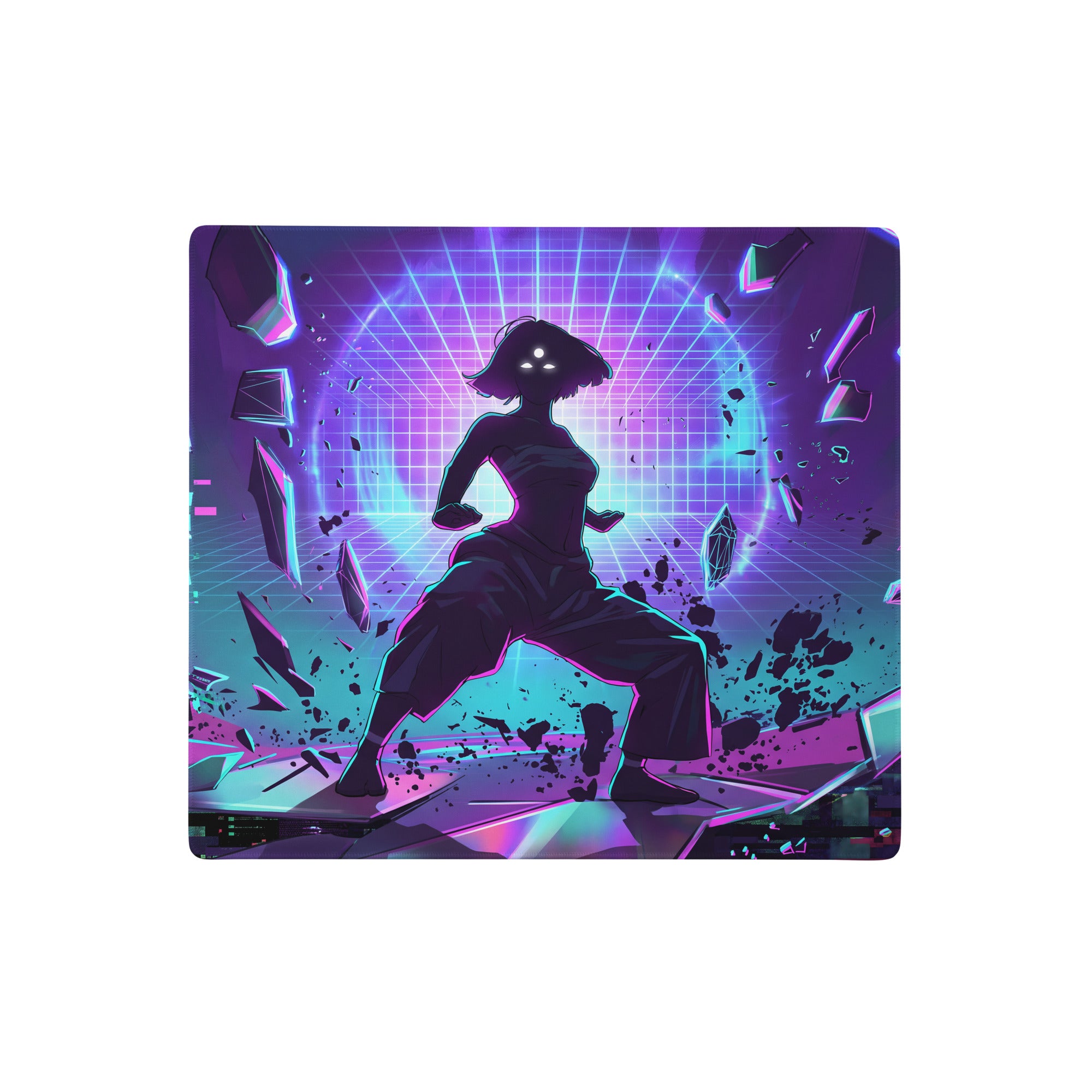 Neon vaporwave grid mouse pad with purple and blue neon colors featuring a female silhouette and shattered glass design