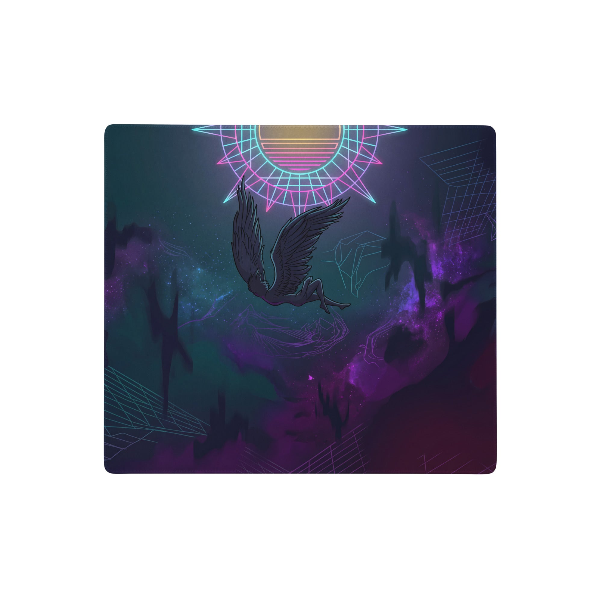 Vaporwave neon owl gaming mouse pad with neon pink and cyan geometric sun on dark purple teal cosmic background