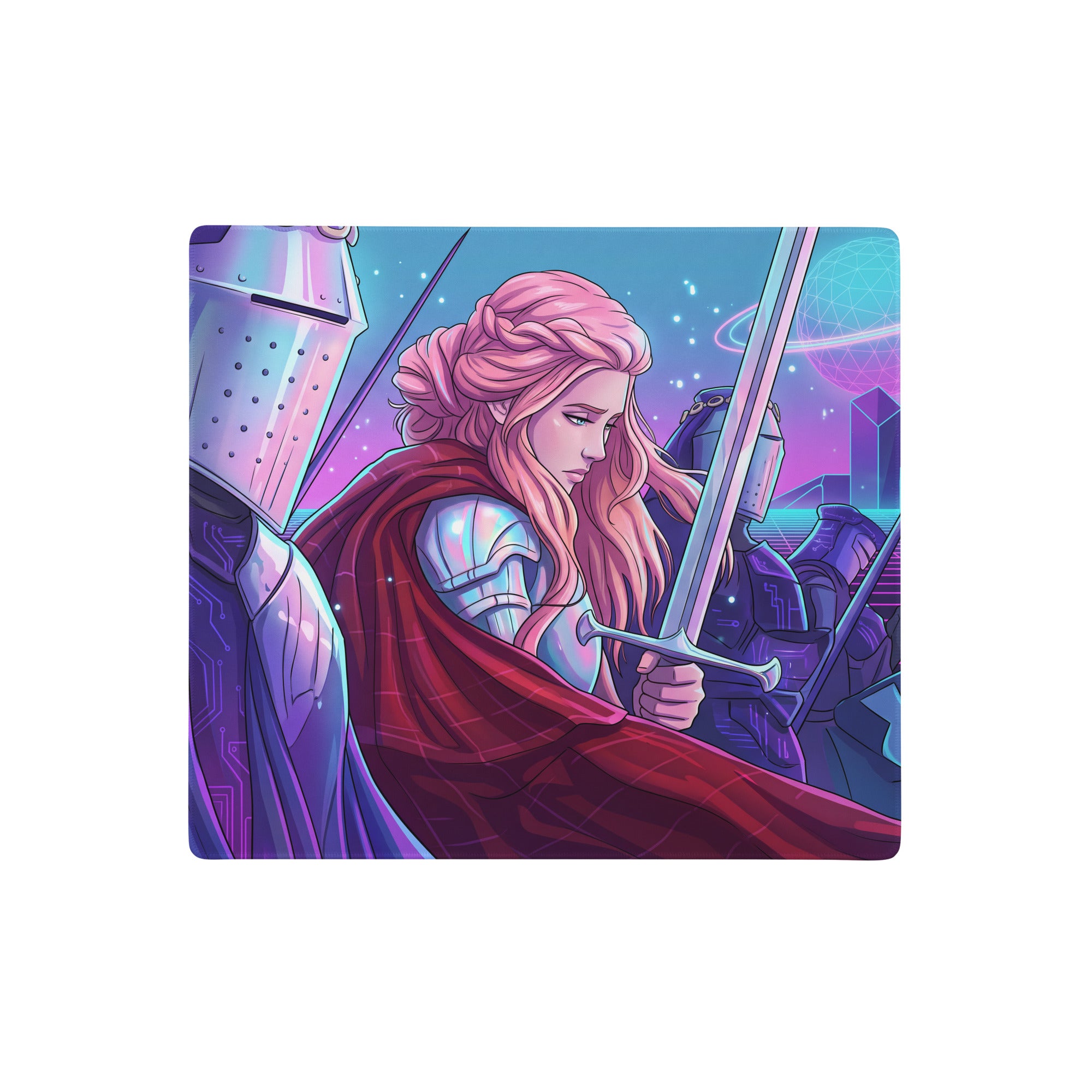 Neon knight vaporwave mouse pad with pink-haired warrior in silver armor on a purple teal cosmic gaming desk mat