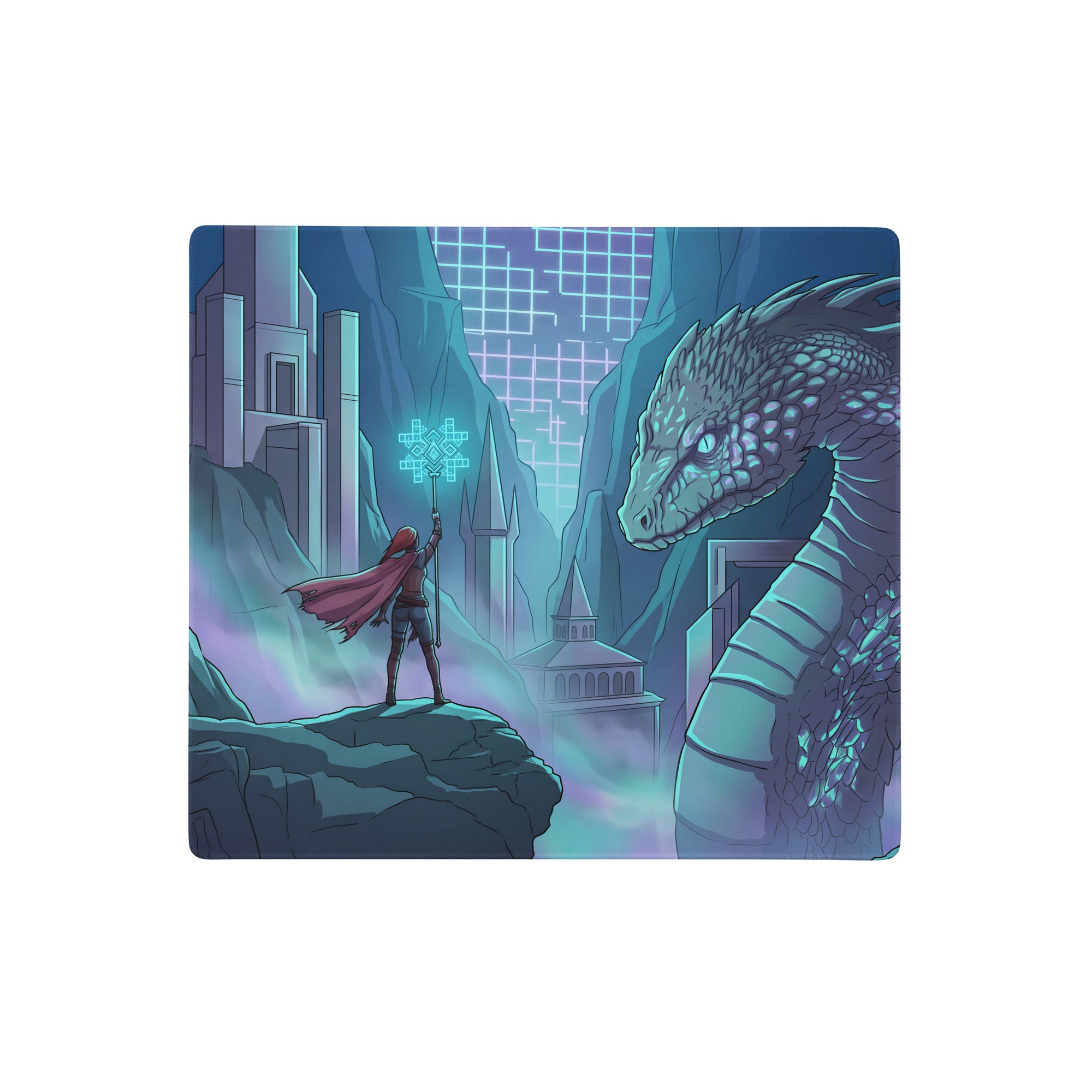 Vaporwave dragon neon desk mat for gaming featuring blue purple design with warrior and dragon in icy futuristic scene