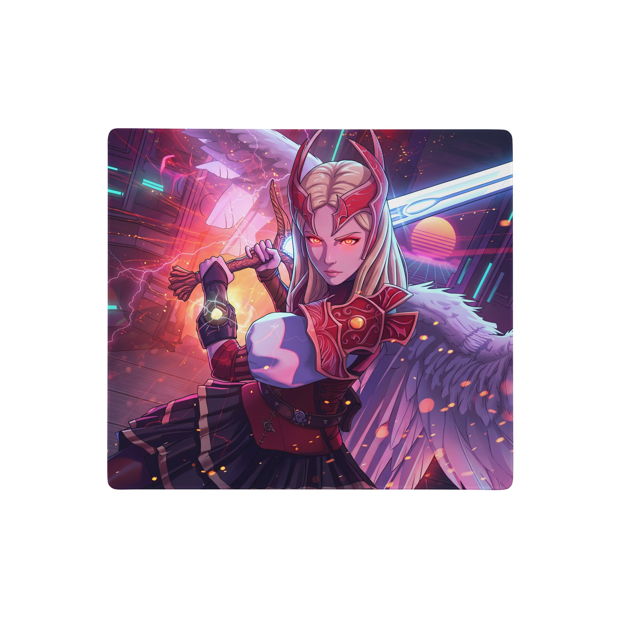 Vaporwave neon valkyrie rectangular gaming mousepad with vibrant armored warrior in red on cosmic purple background