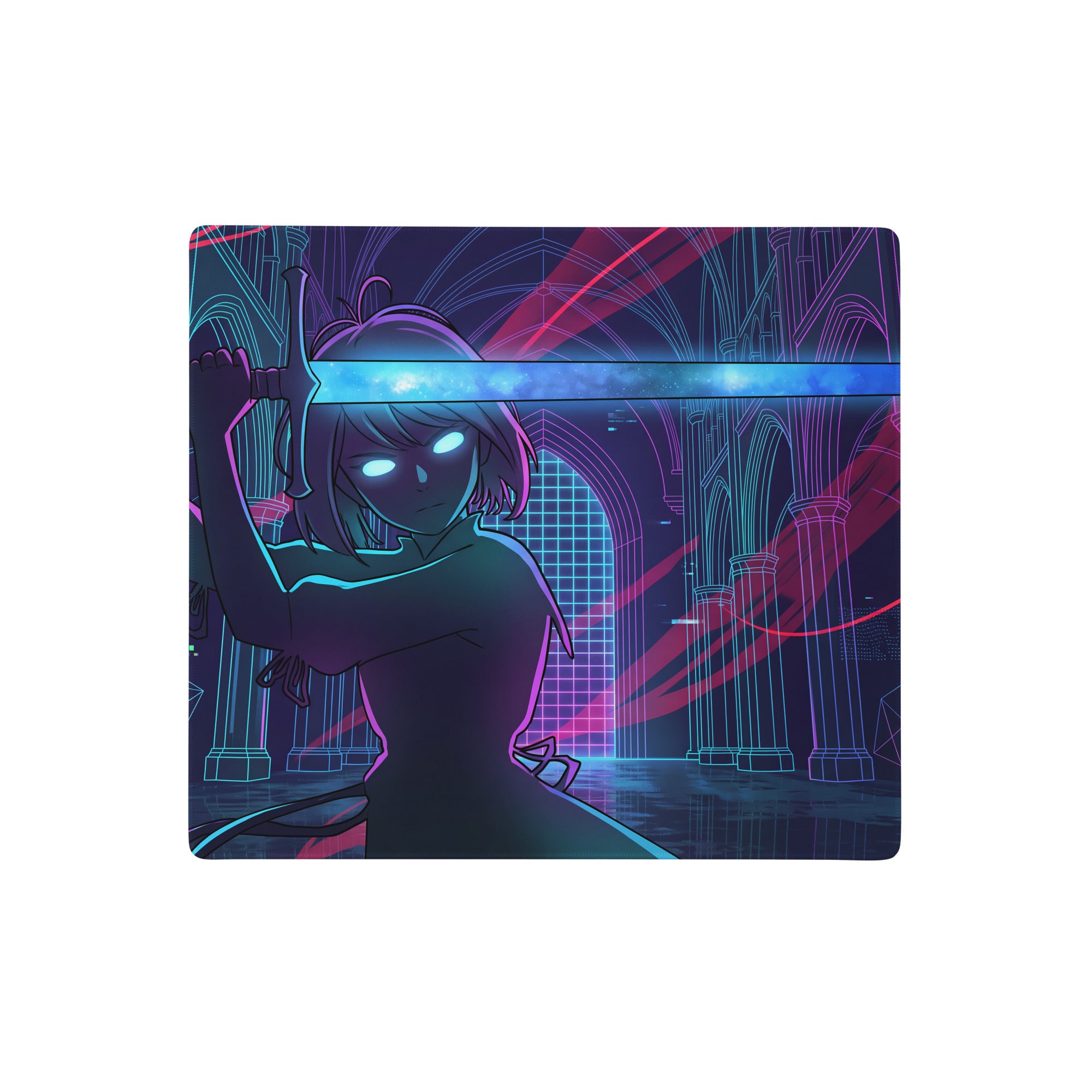 Vaporwave neon blade gaming mousepad with neon blue and magenta anime warrior holding a glowing sword in cyberpunk style