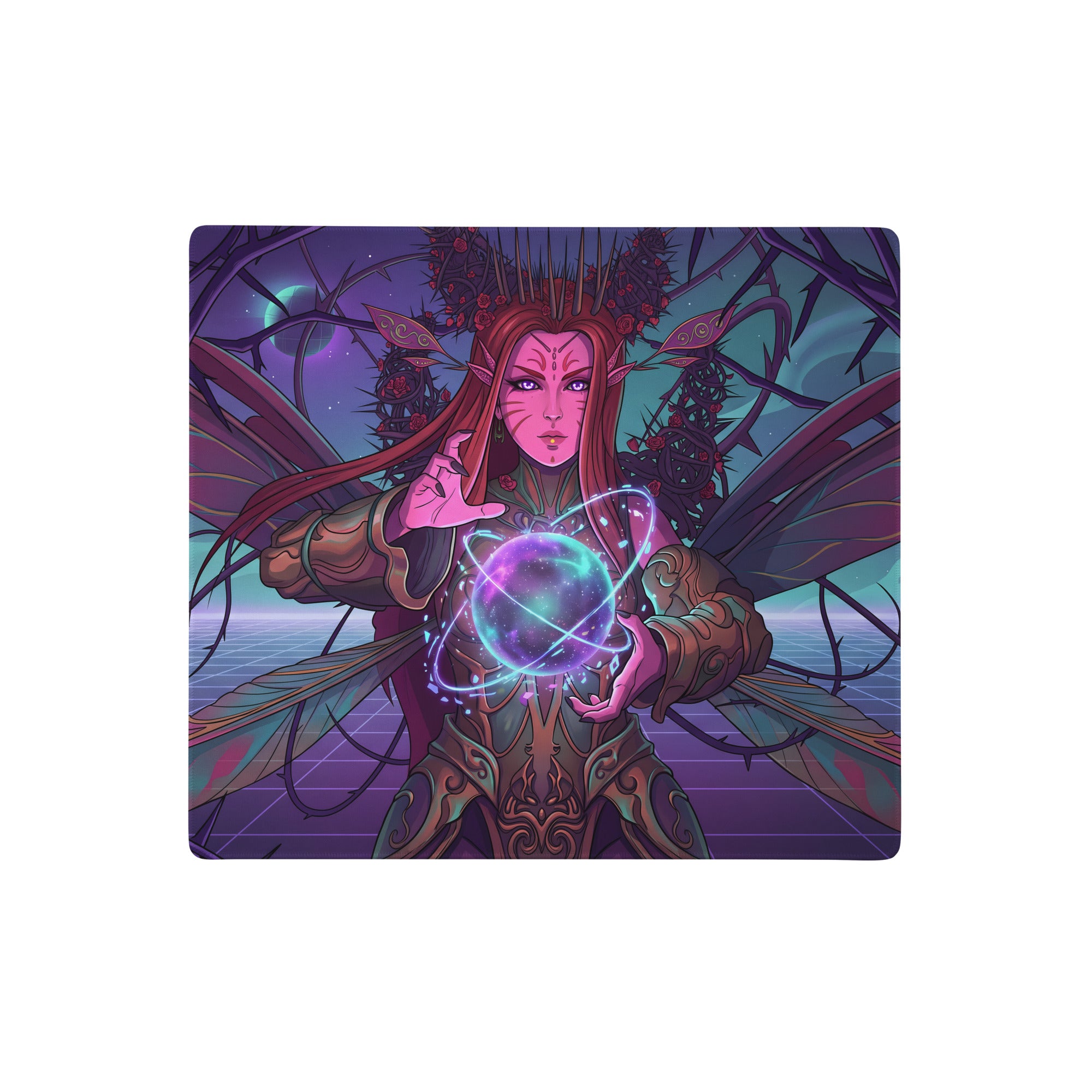 Purple and teal fantasy-themed vaporwave elf neon mousepad with winged character holding glowing orb for desk use