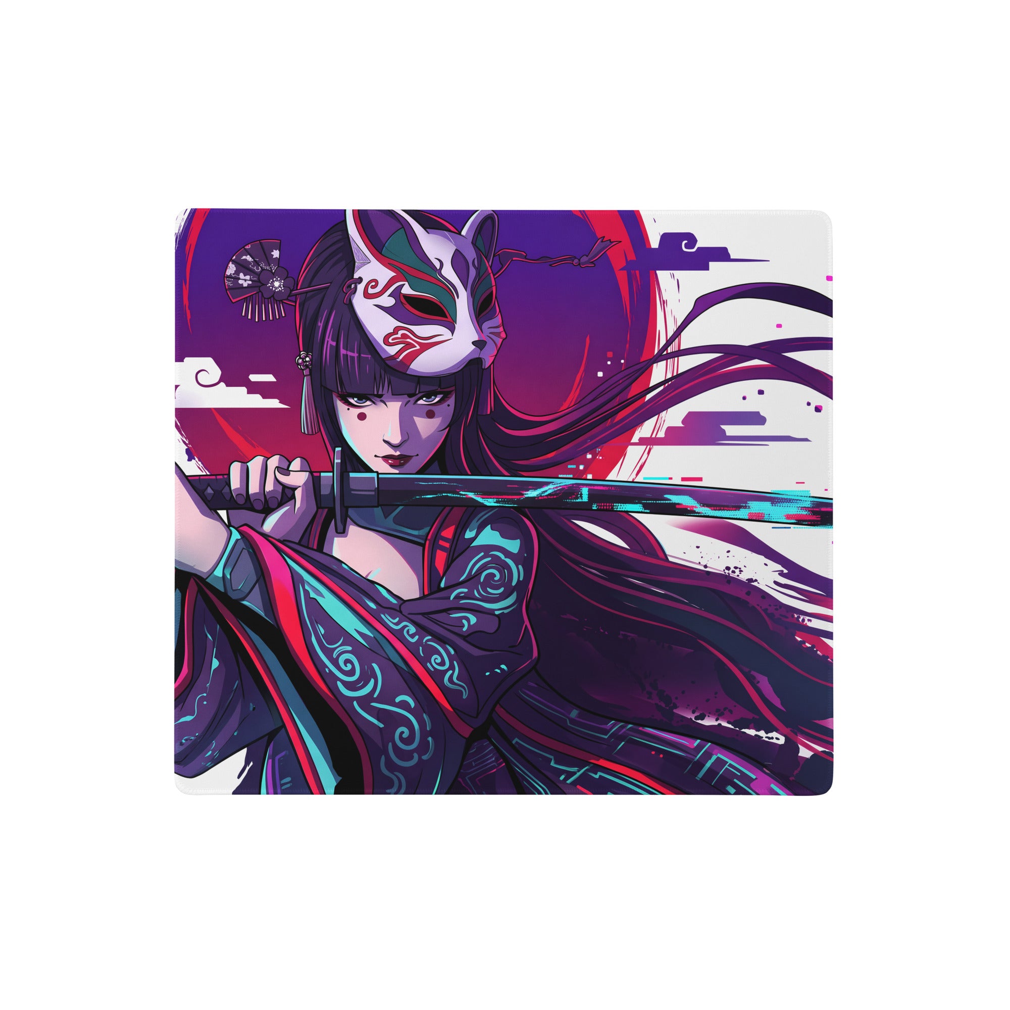 Vibrant anime-style rectangular vaporwave neon samurai mouse pad with purple pink hues and energetic digital glitch design