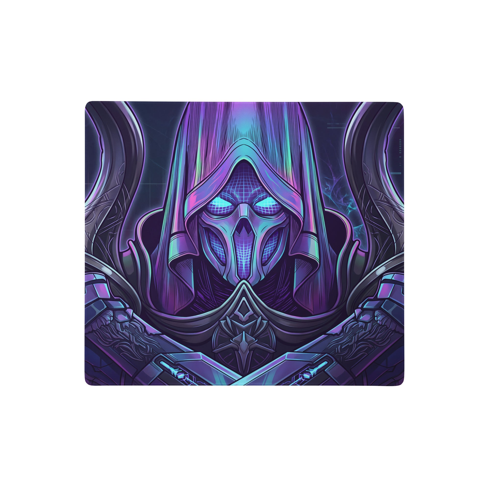 Neon vaporwave gaming mouse pad in purple and blue with a stylized hooded warrior and glowing eyes for desk setup