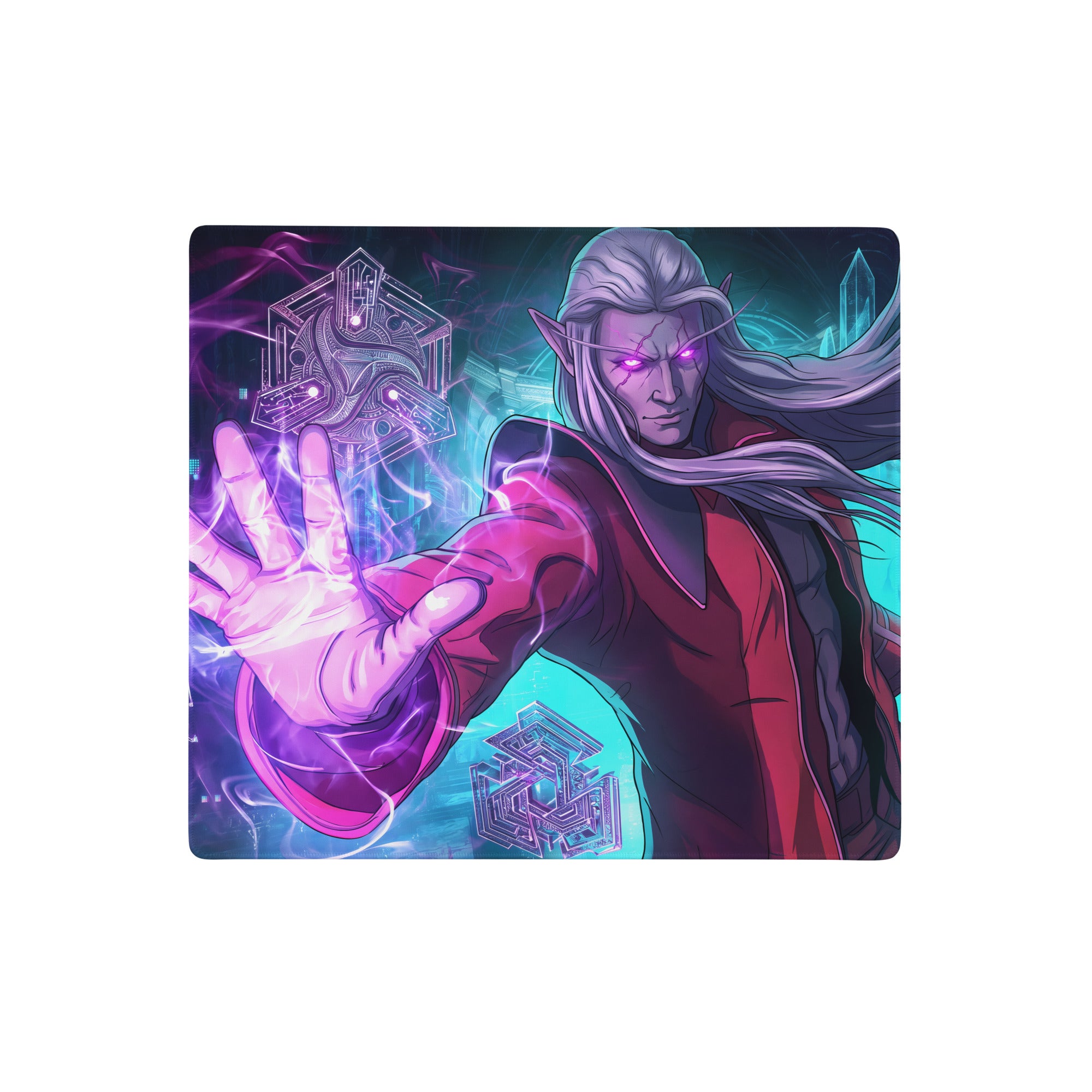Vibrant purple and teal vaporwave neon warrior gaming mouse pad with glowing fantasy character and outstretched hand design