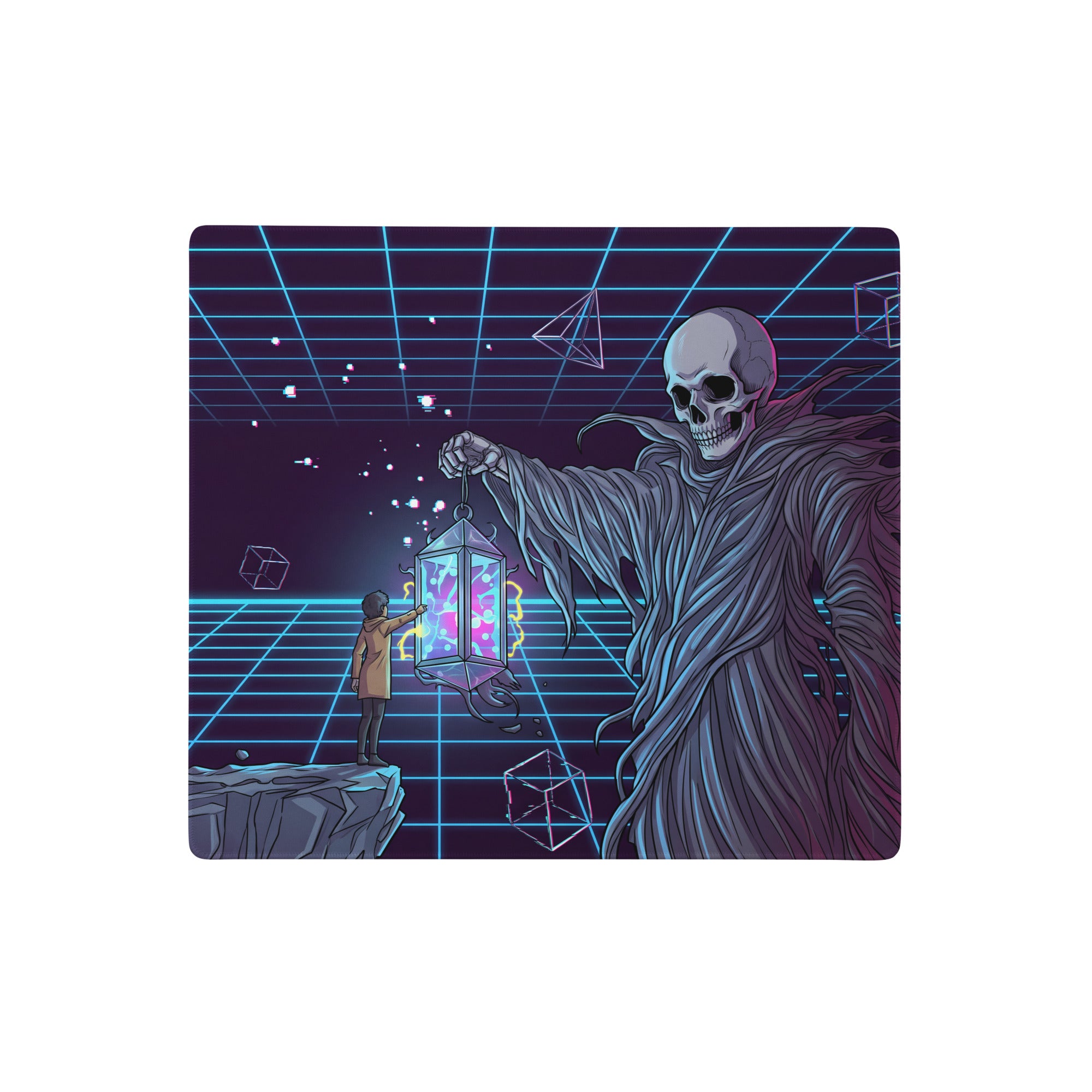 Rectangular neon vaporwave skeleton gaming mousepad with purple and pink glowing lantern digital art design