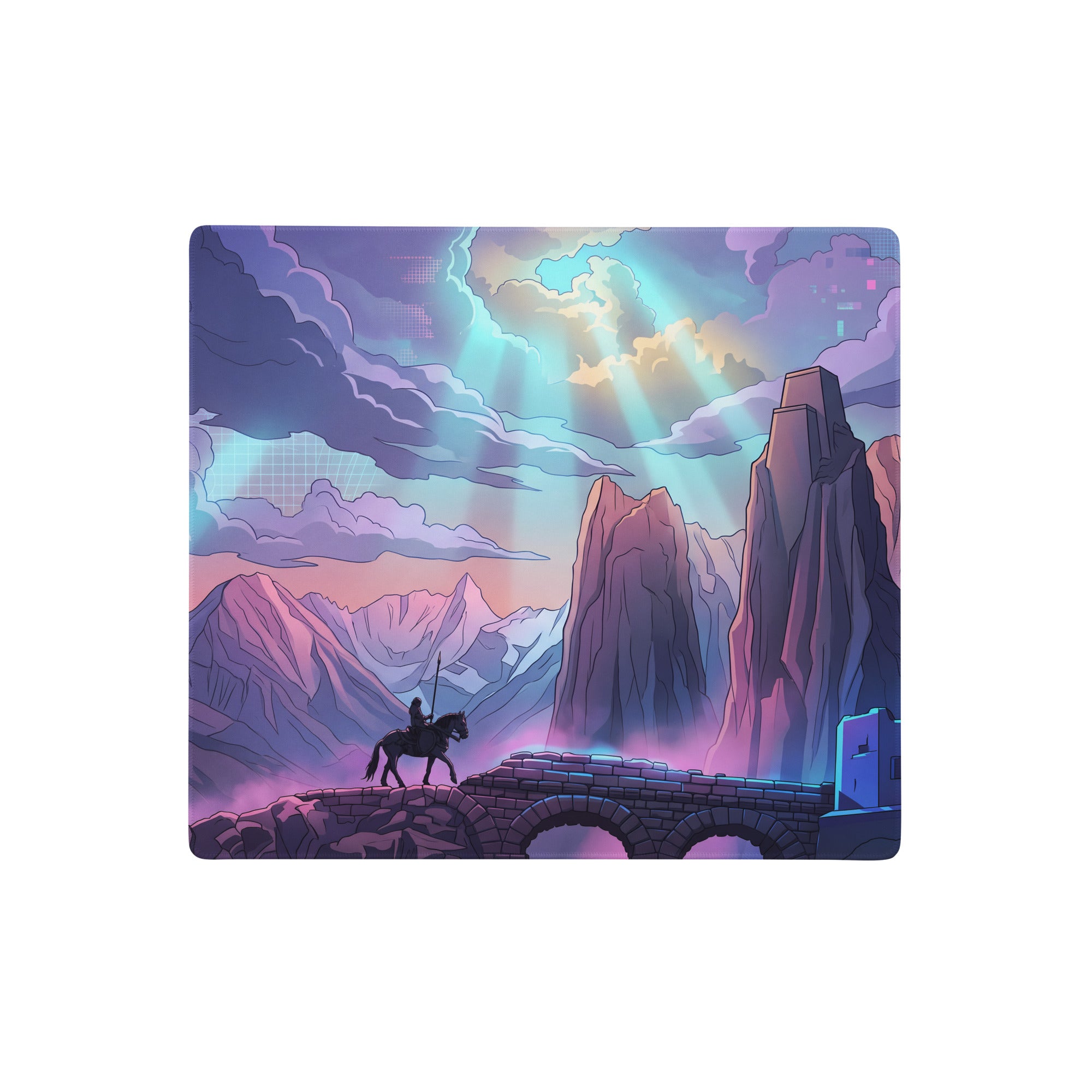 Neon vaporwave mountain gaming mousepad with vibrant pink purple cyan rider crossing stone bridge design