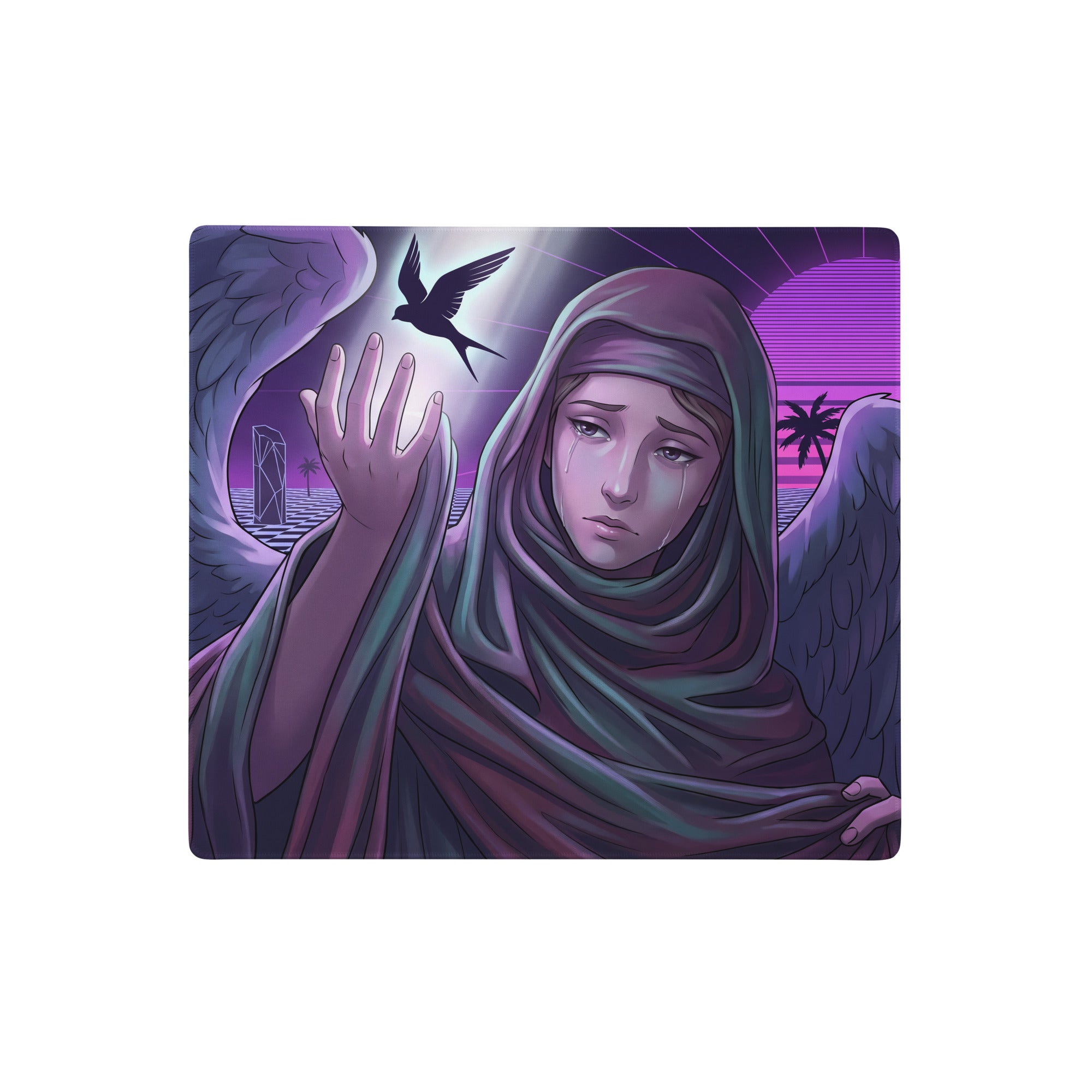 Purple and teal vaporwave mouse pad with a hooded figure with wings against a neon sunset for dreamy desk decor
