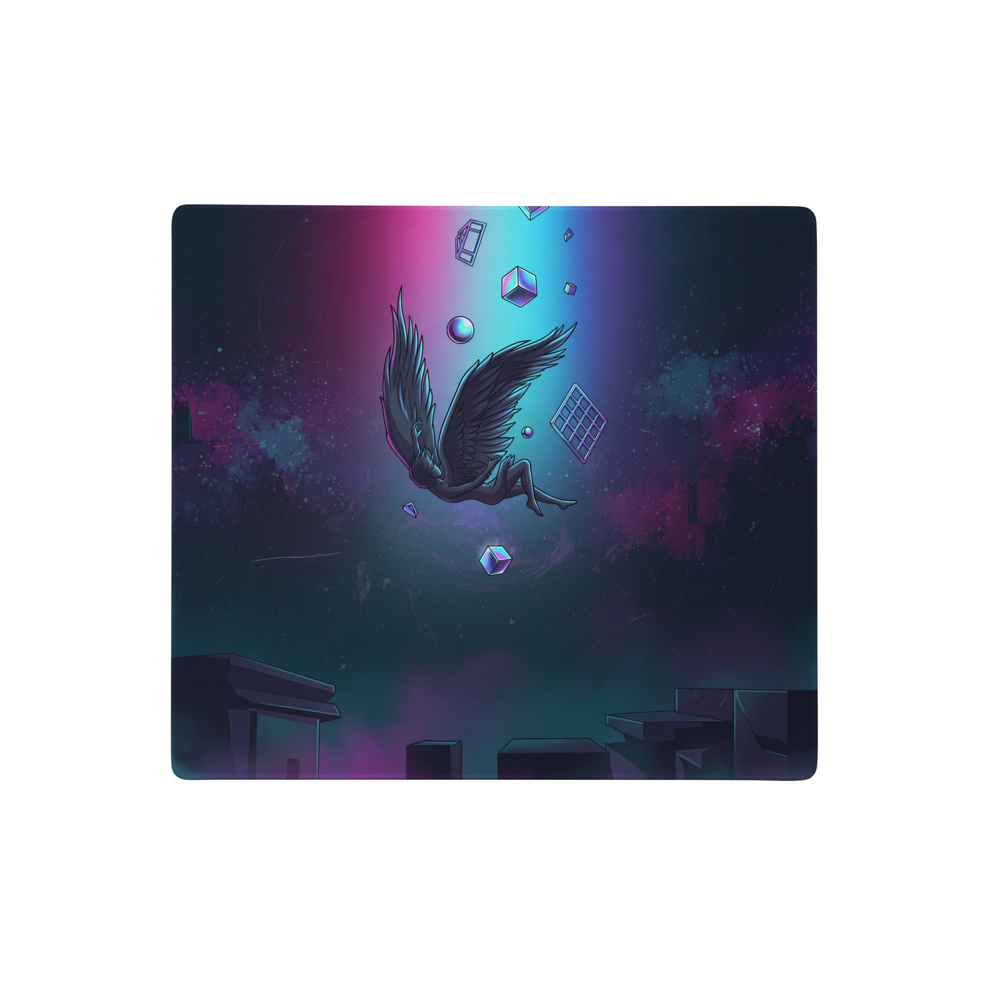 A rectangular vaporwave neon winged pixel gaming mousepad with dark angel and glowing shapes on purple teal nebula background