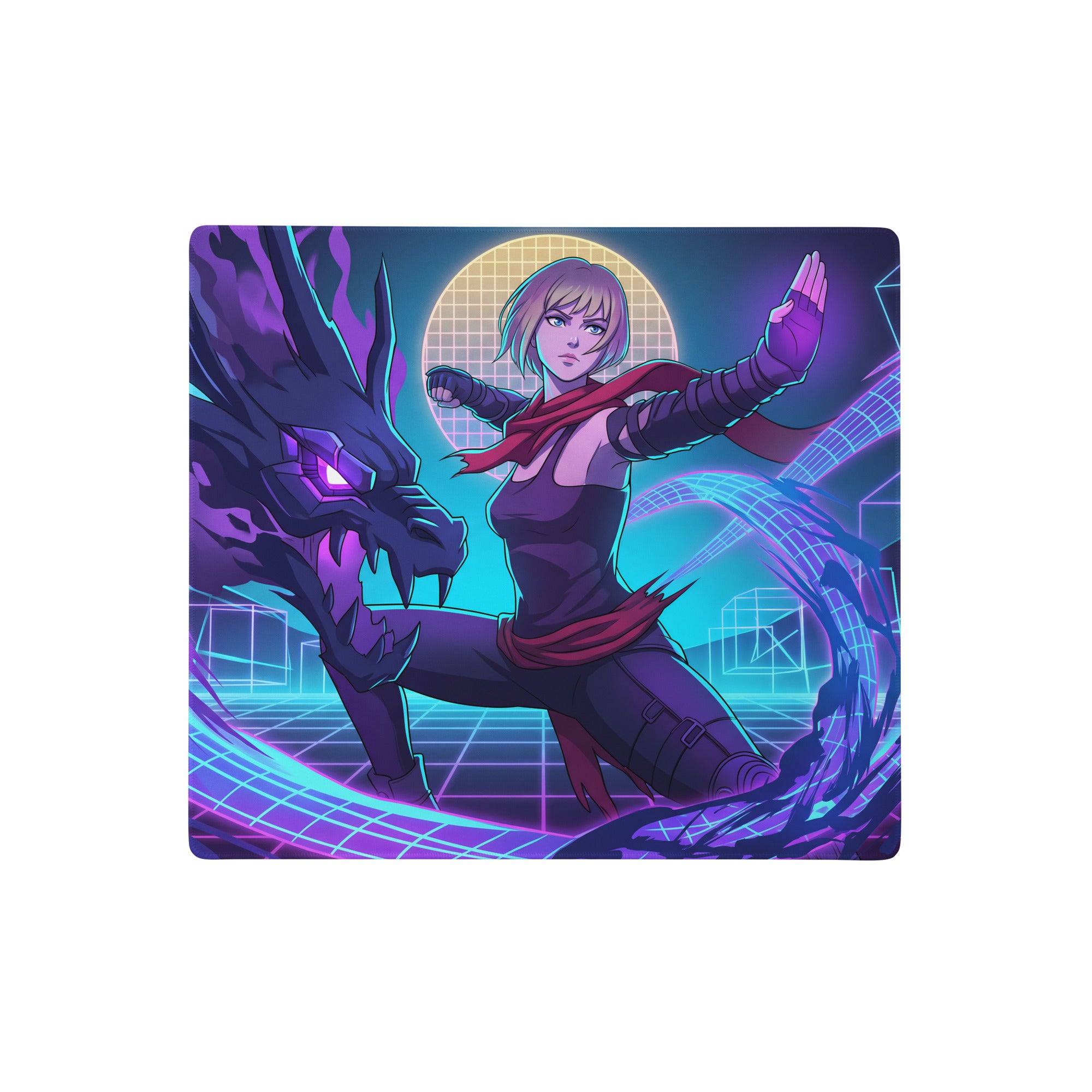 Vaporwave neon hero gaming mousepad featuring a purple and red female warrior facing a glowing purple dragon on neon grid background