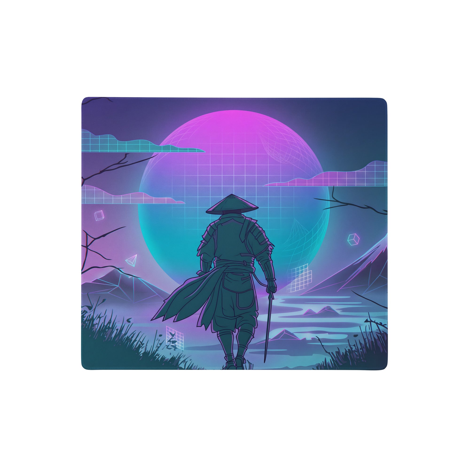 Neon vaporwave cityscape gaming mousepad with stylized samurai in dark green armor and glowing purple teal neon moon