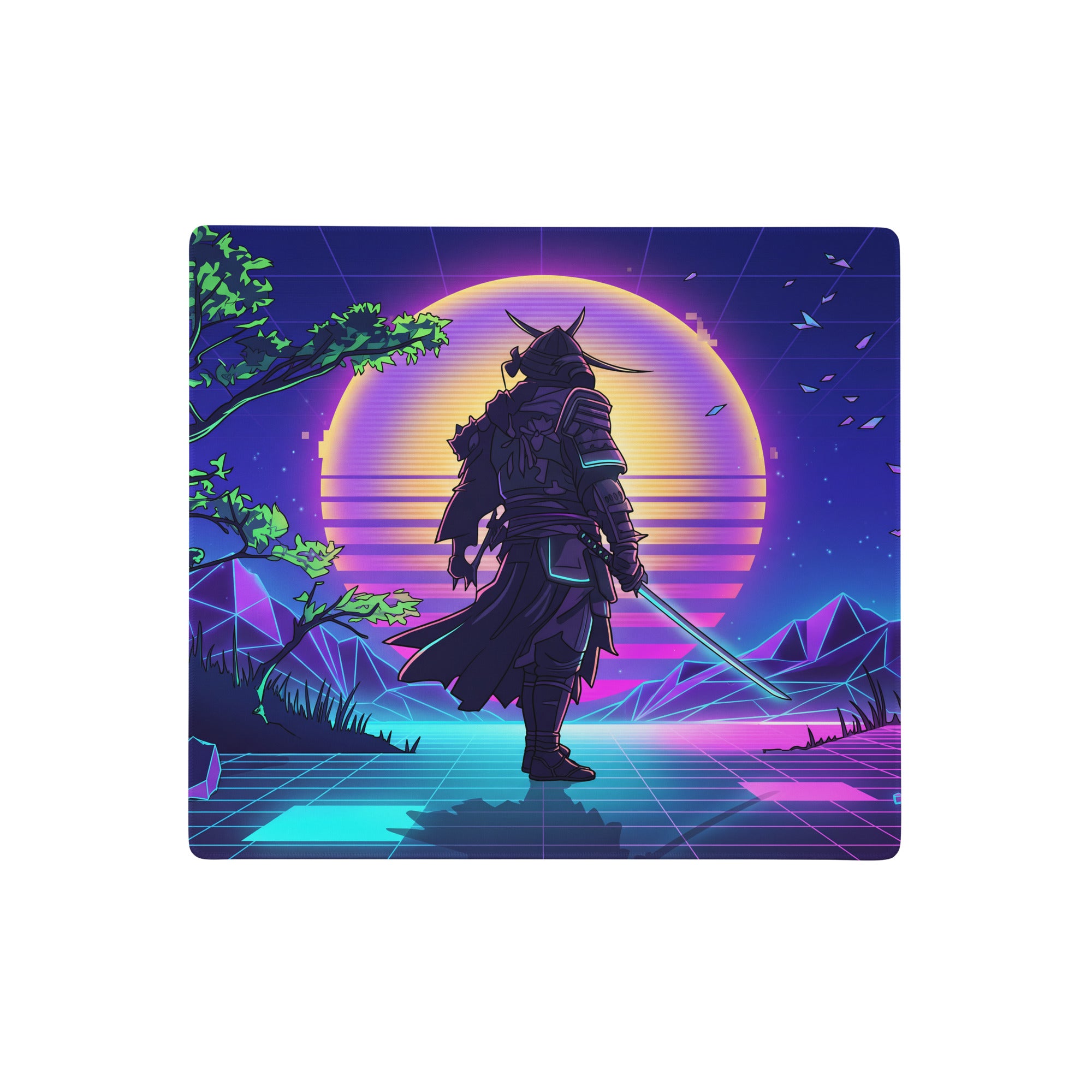 Ninjago-themed vaporwave neon warrior mouse pad with samurai in dark armor against glowing purple pink sunset