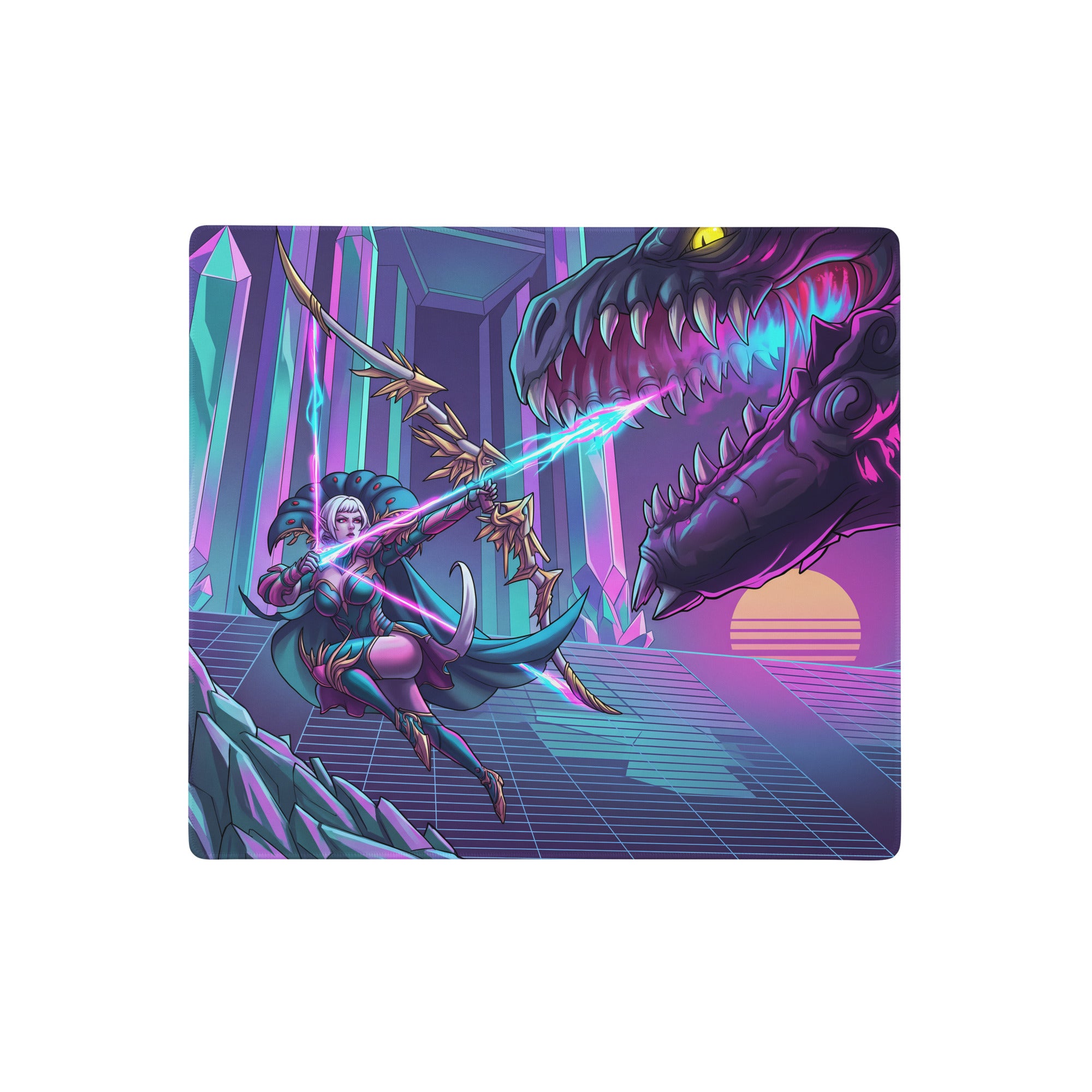 Ninety-degree angled rectangular gaming mousepad with vibrant retro-futuristic design of female archer and purple dinosaur