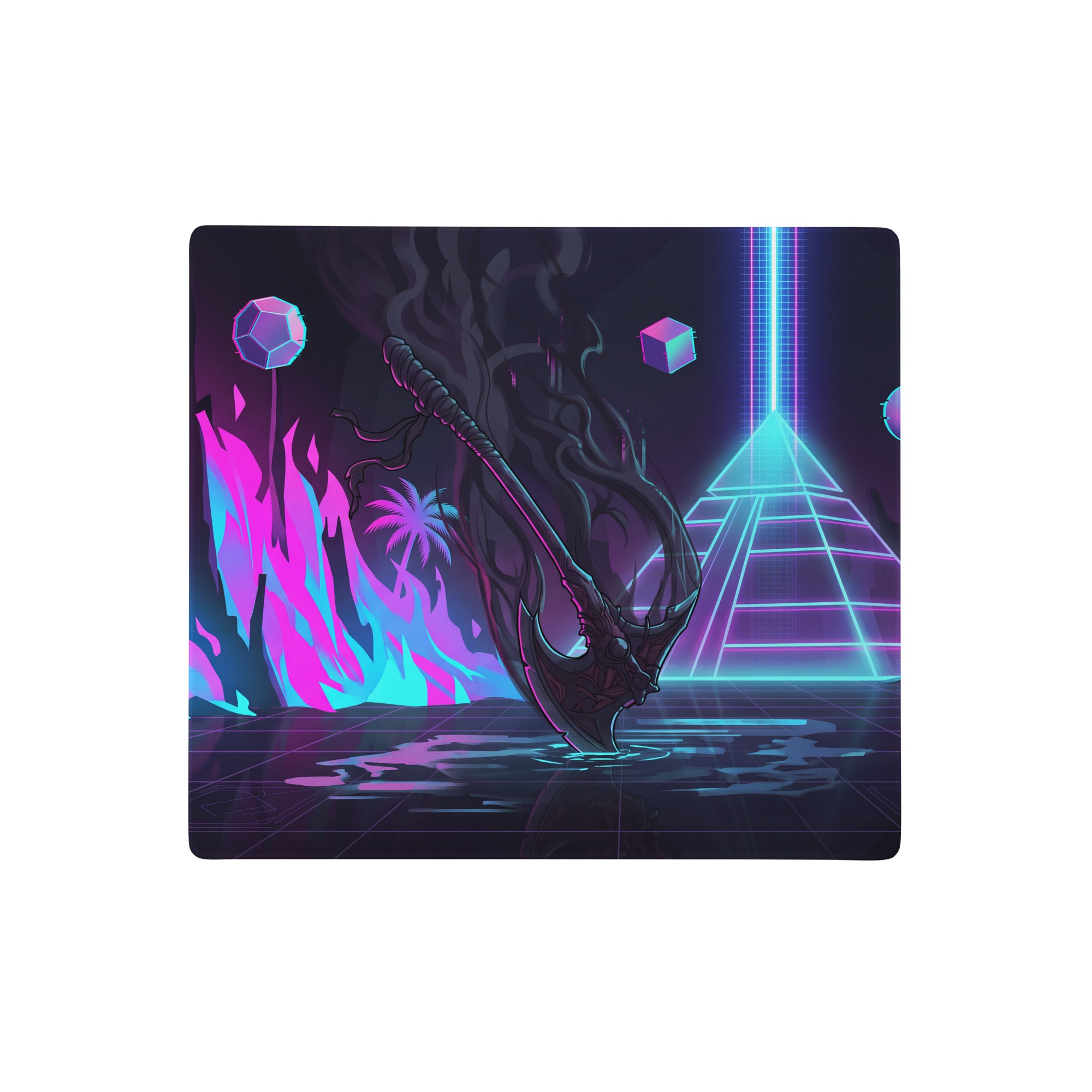 Neon vaporwave dragon pad digital gaming mousepad with neon pink cyan glowing pyramid floating cubes and dark axe design