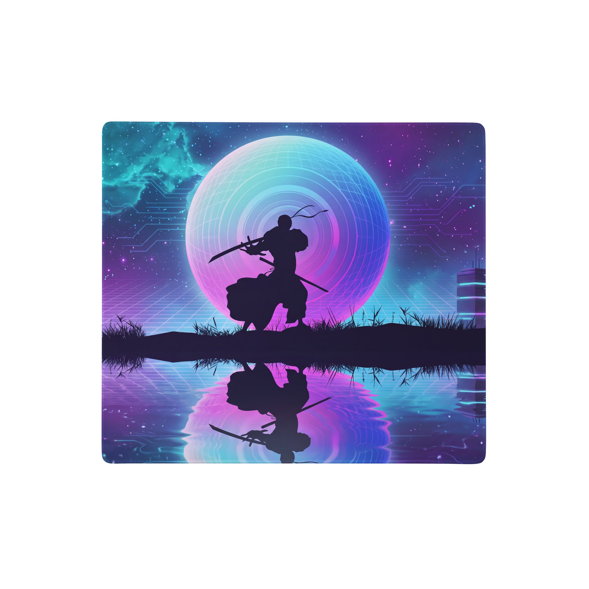 Vaporwave neon gaming mouse pad with nebula-themed design featuring samurai silhouette in blue purple pink for gaming desk