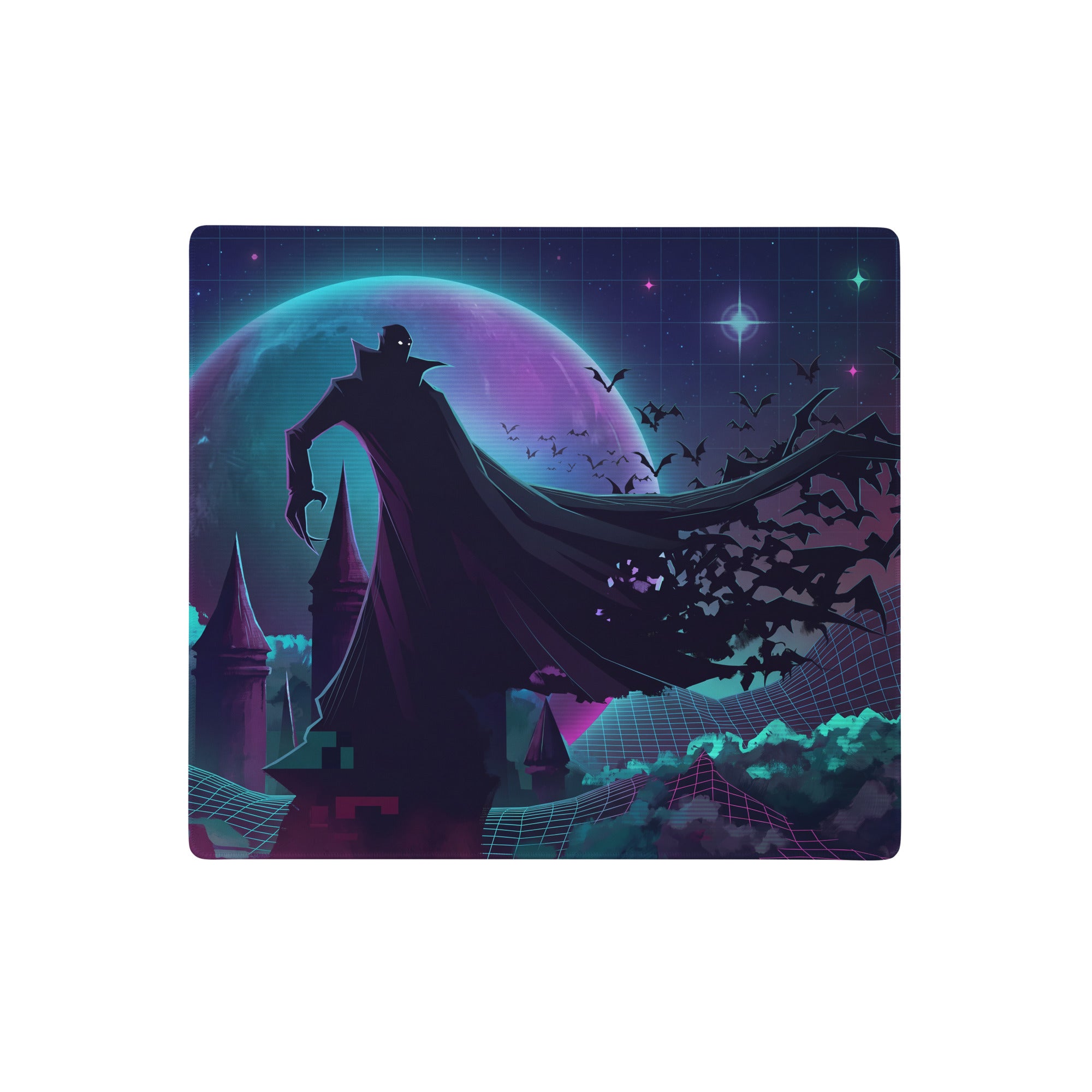 Rectangular vaporwave galaxy neon mouse pad with dark cloaked figure and vibrant purple blue teal sci-fi design for gaming