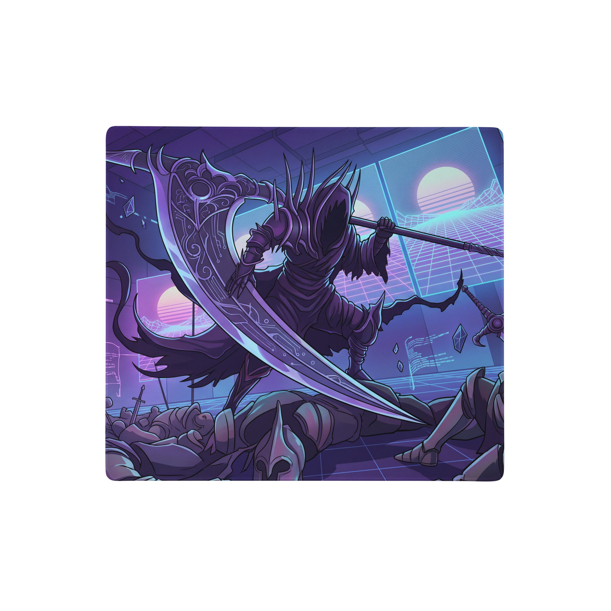 Purple and blue neon-themed gaming mouse pad with stylized reaper and ornate scythe on retro-futuristic backdrop