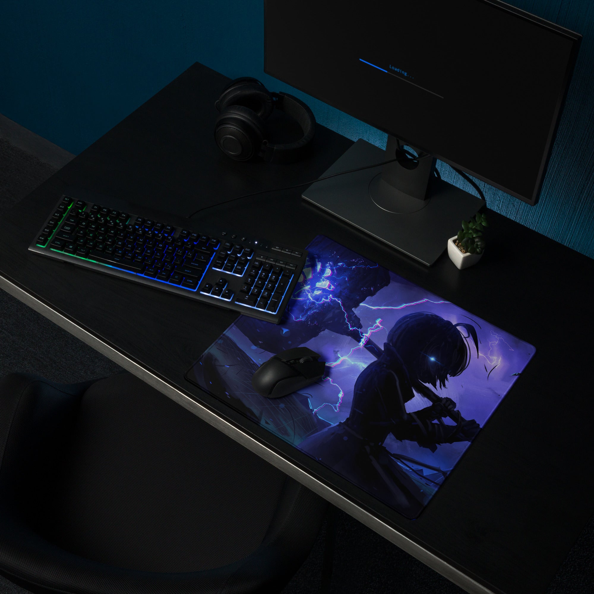 Purple vaporwave neon surge anime gaming mouse pad with glowing blue eyes and lightning effects for desk use