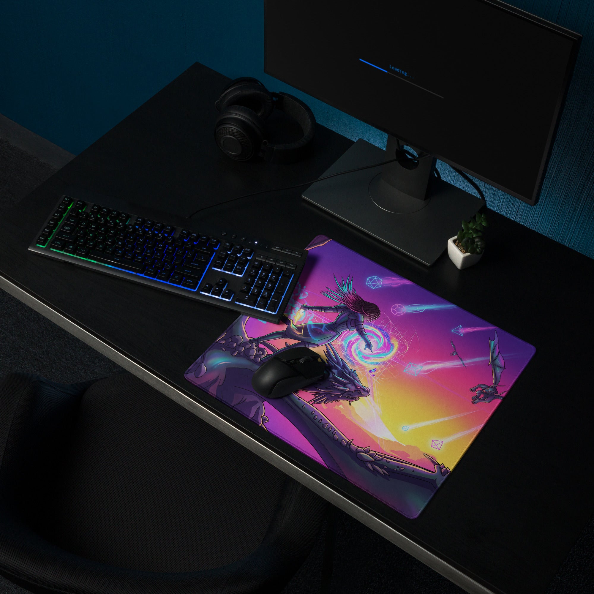 Vaporwave dragon mouse pad with vibrant purple pink neon digital art of warrior battling dragons at sunset